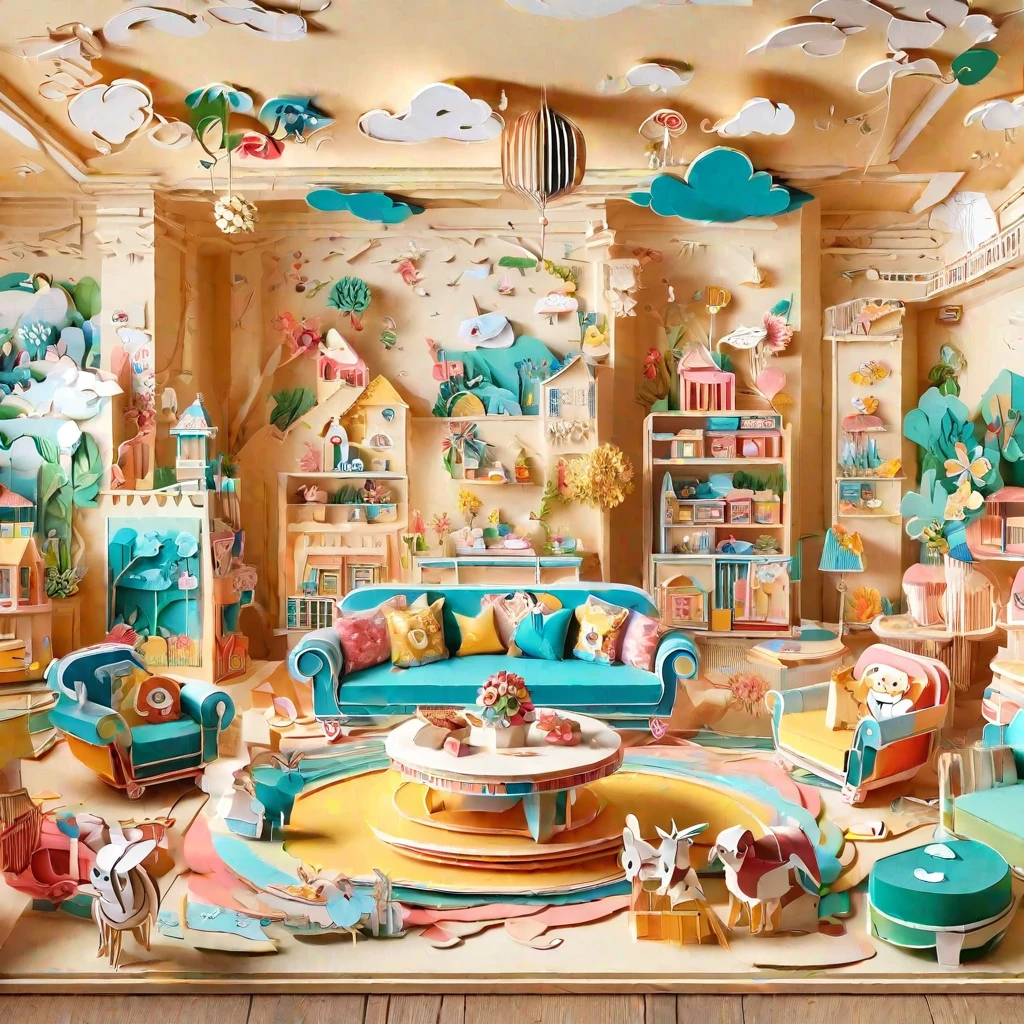 (masterpiece, best quality:1.2), 3d paper cut style, classic, cartoon, cute, living room paper cut art, playful and cute room decoration, paper art furniture, sofas, chairs and tables made of folded and cut paper, bright colors, whimsical patterns, walls decorated with animals, Flowers, landscapes and other paper art cartoons