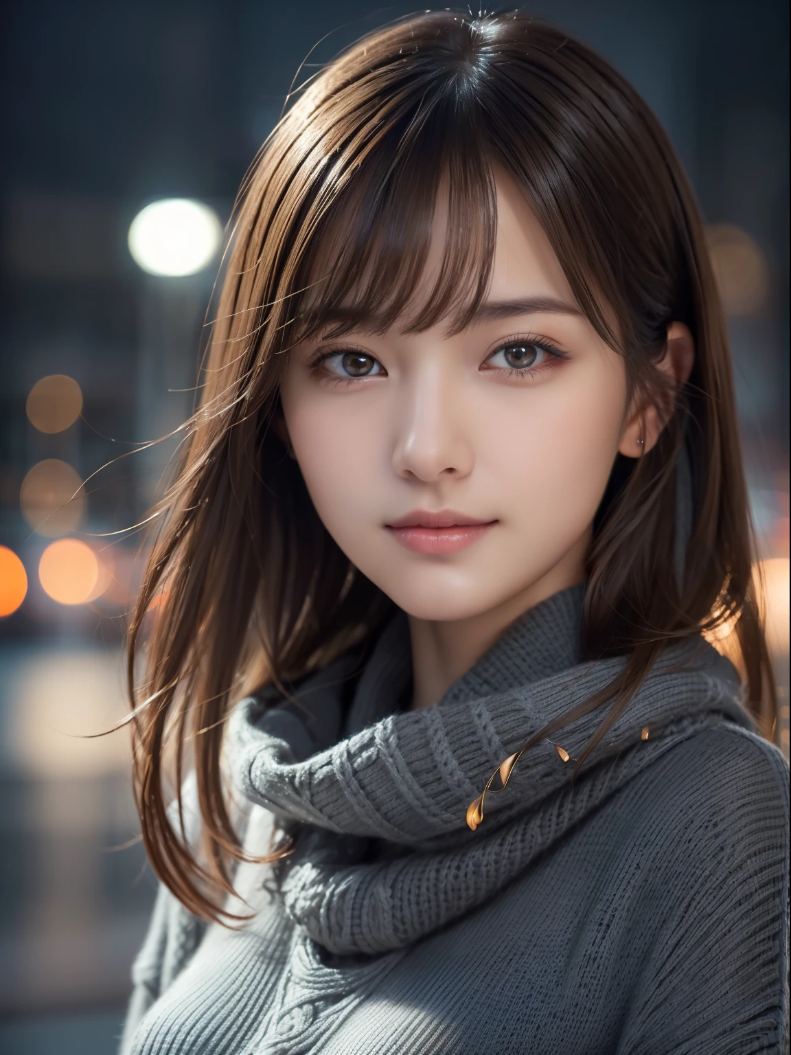 1 girl,(dark gray sweater:1.4),(wears a large muffler around his neck:1.2), (RAW photo, highest quality), (realistic, Photoreal:1.4), table top, very delicate and beautiful, very detailed, 8k wallpaper, wonderful, finely, very detailed CG Unity, High resolution, soft light, Beautiful detailed 19 year old girl, very detailed目と顔, beautifully detailed nose, detailed and beautiful eyes,cinematic lighting,night city lights,perfect anatomy,slender body,smile  (hair is dirty, asymmetrical bangs, light brown hair,)