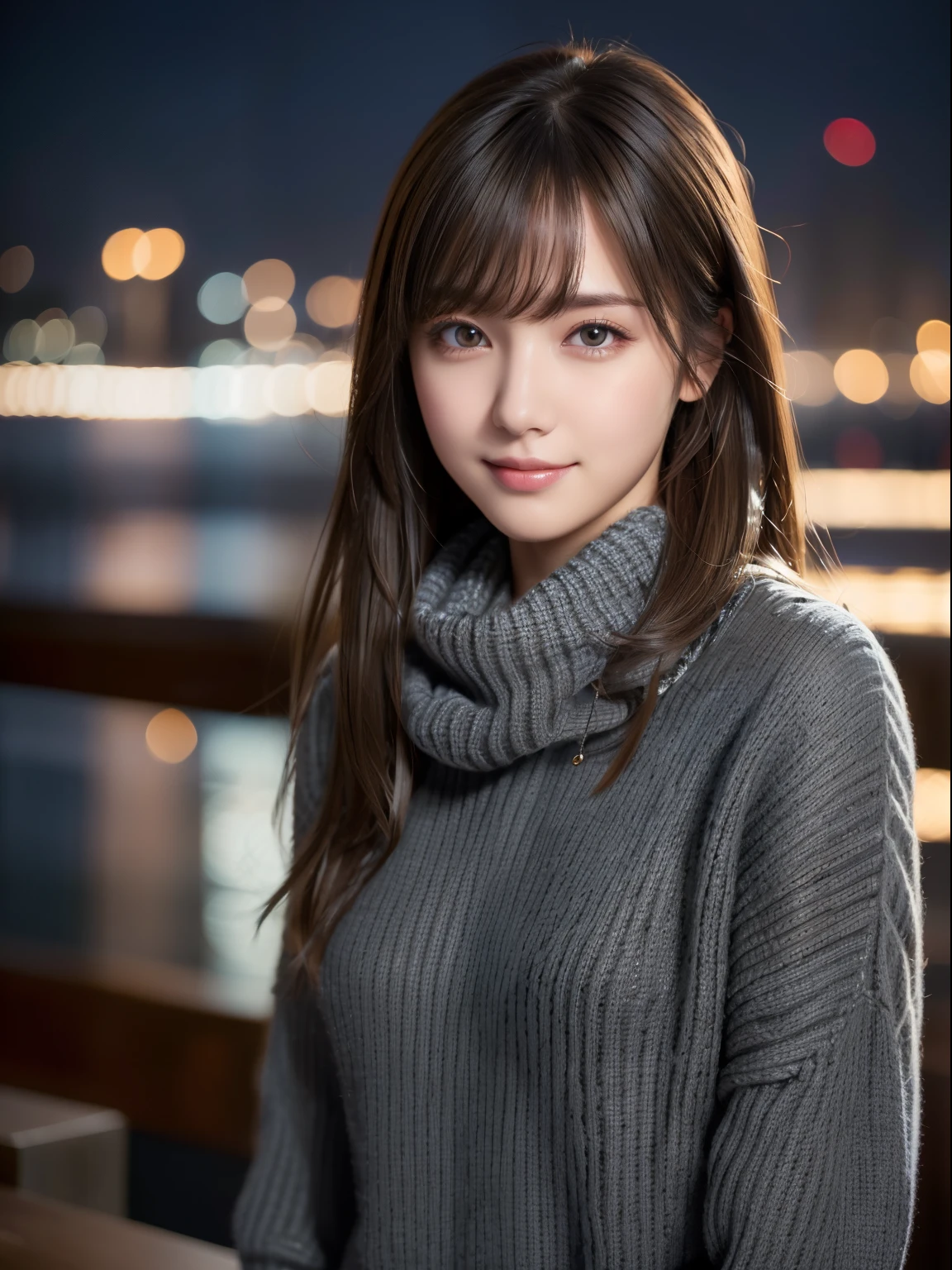 1 girl,(dark gray sweater:1.4),(wears a large muffler around his neck:1.2), (RAW photo, highest quality), (realistic, Photoreal:1.4), table top, very delicate and beautiful, very detailed, 8k wallpaper, wonderful, finely, very detailed CG Unity, High resolution, soft light, Beautiful detailed 19 year old girl, very detailed目と顔, beautifully detailed nose, detailed and beautiful eyes,cinematic lighting,night city lights,perfect anatomy,slender body,smile  (hair is dirty, asymmetrical bangs, light brown hair,)