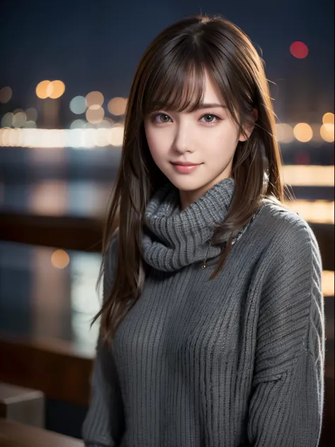 1 girl,(dark gray sweater:1.4),(wears a large muffler around his neck:1.2), (raw photo, highest quality), (realistic, photoreal:...