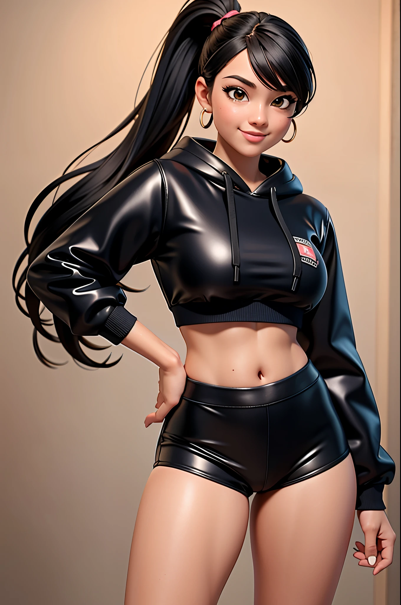Woman, age 20 years, Ponytail, They are smiling, crop top hoodie, (Masterpiece, Best quality, High Resolutions), latex short shorts