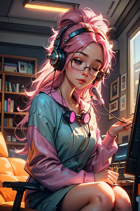 Make an oil painting of adorable female streamer sitting at her computer with her eyes closed, wearing headphones, has pink hair...
