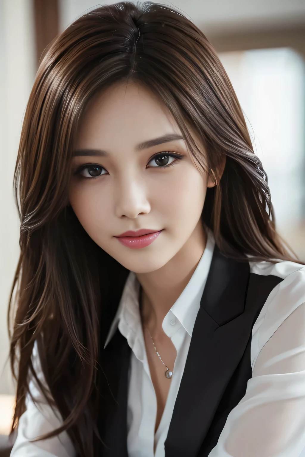 table top, highest quality, realistic, Super detailed, finely, High resolution, 8k wallpaper, 1 beautiful woman,, light brown messy hair, wearing a business suit, sharp focus, perfect dynamic composition, beautiful and detailed eyes, thin hair, Detailed realistic skin texture, smile, close-up portrait, model body shape