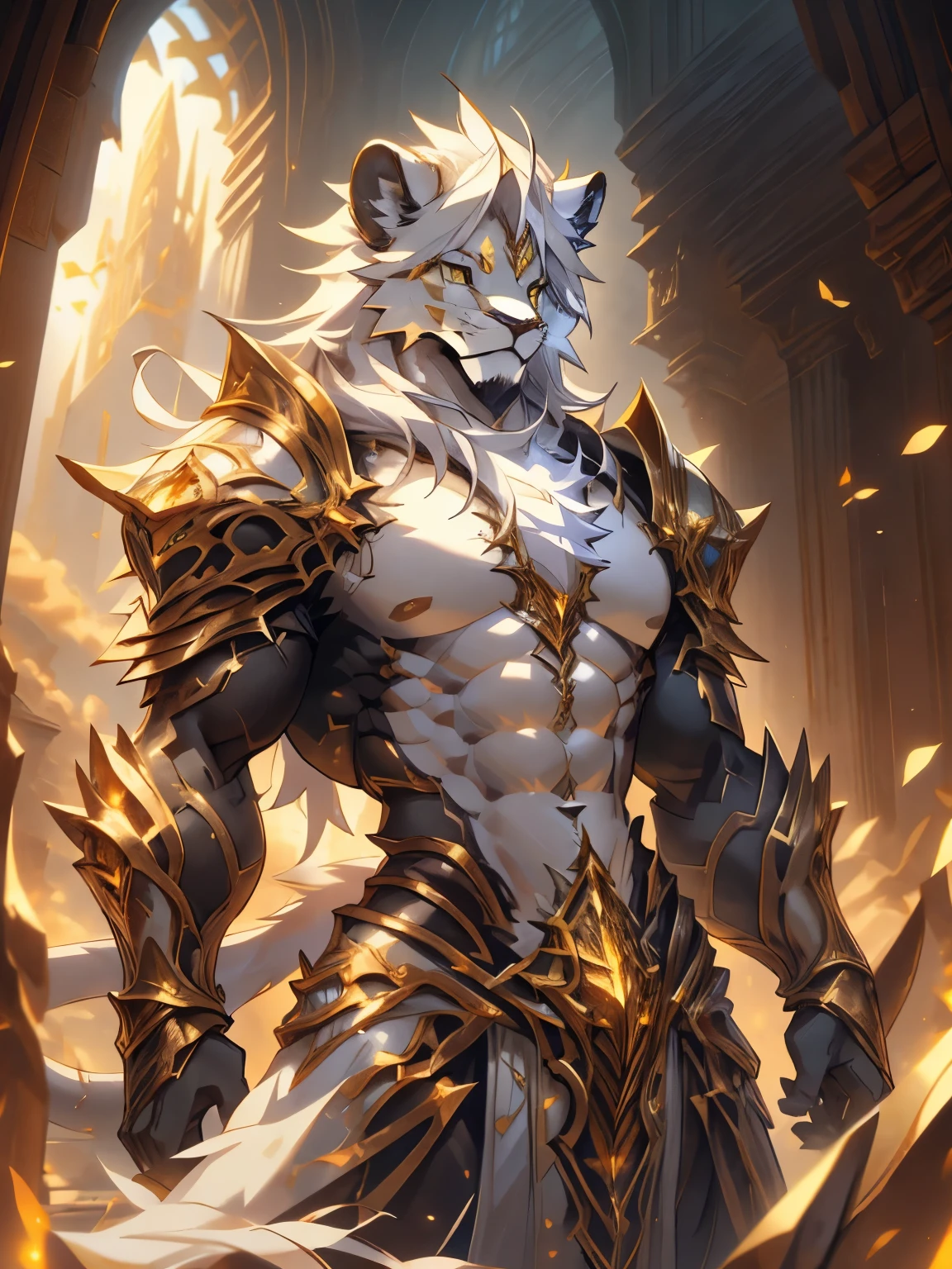 male, furry, Lion anthro, solo, white fur, Golden eyes, (Realistic eye details 1.2), V0id3nergy, abs, Masterpiece, dramatic lighting, soft lighting, day, highly detail, Hair coiled, epic fantasy art style, epic fantasy digital art style, anatomically correct, accurate, UHD, 1080P