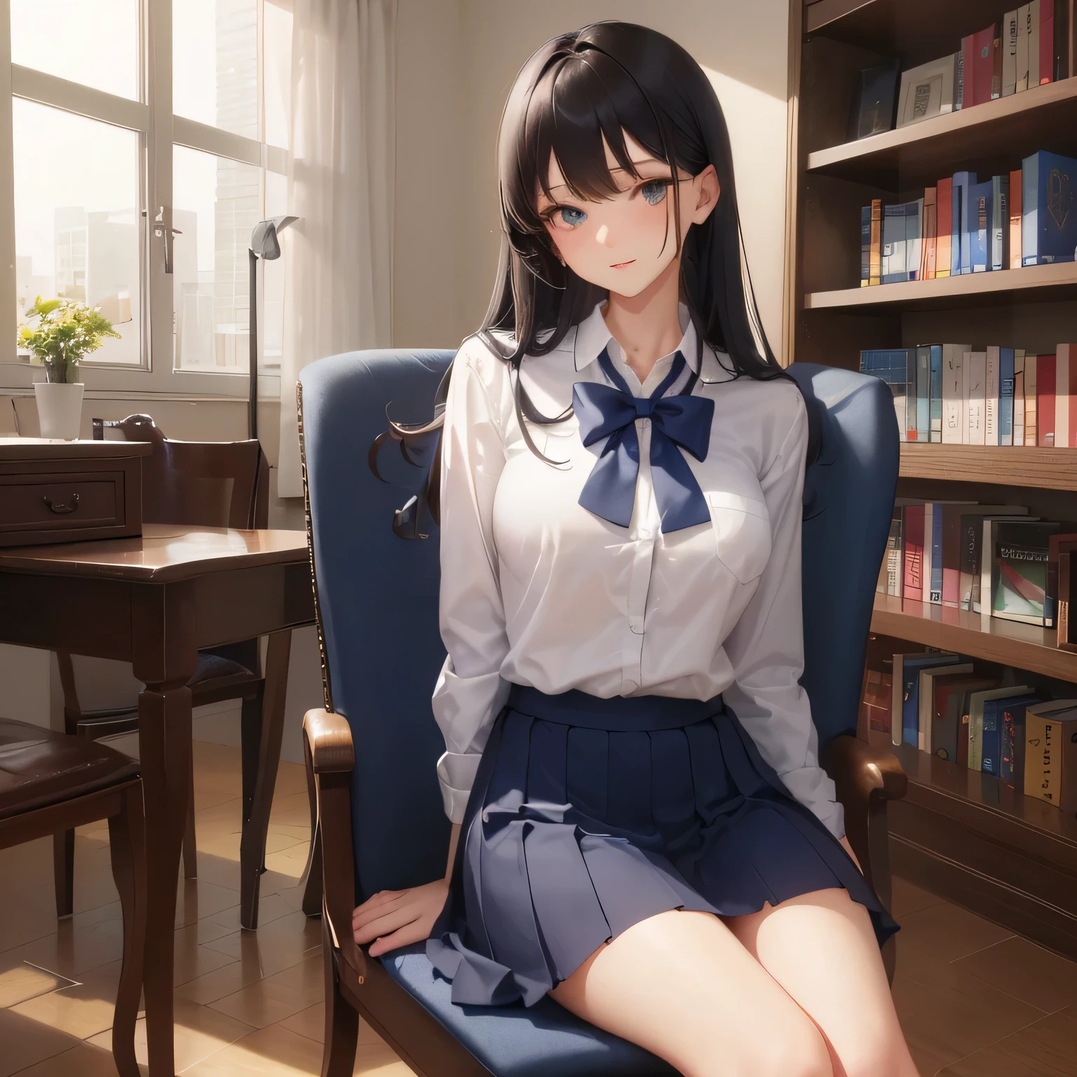 1 high school girl　alone　high school uniform　White Y shirt long sleeve　vest　ribbon　dark blue hair color　big breasts　expensive　beautiful feet　library　bookshelf　sit on a chair