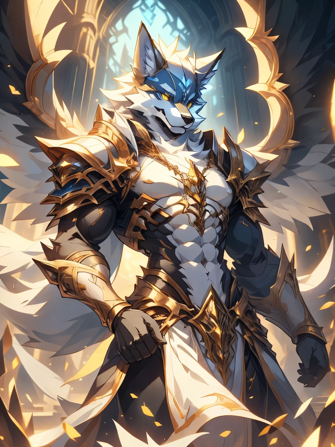 male, furry, Wolf anthro, solo, white fur, Golden eyes, (Realistic eye details 1.2), V0id3nergy, abs, Masterpiece, dramatic lighting, soft lighting, day, highly detail, Hair coiled, epic fantasy art style, epic fantasy digital art style, anatomically correct, accurate, UHD, 1080P