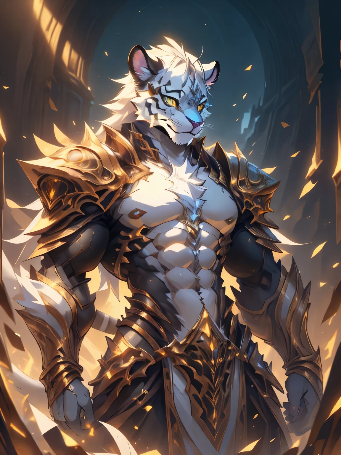 male, furry, Tiger anthro, solo, white fur, Golden eyes, (Realistic eye details 1.2), V0id3nergy, abs, Masterpiece, dramatic lighting, soft lighting, day, highly detail, Hair coiled, epic fantasy art style, epic fantasy digital art style, anatomically correct, accurate, UHD, 1080P