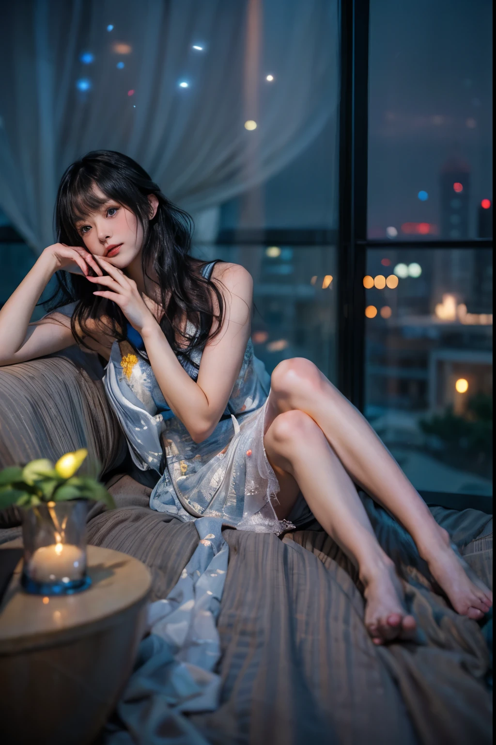 masterpiece、highest quality、cinema、(Details of both eyes)、(cute japanese woman、bangs:1.3)、23 years old、1 girl、elegant、black hair、(auraroid photo:1.2)、night、orange light、(Hotel、By the window:1.2)