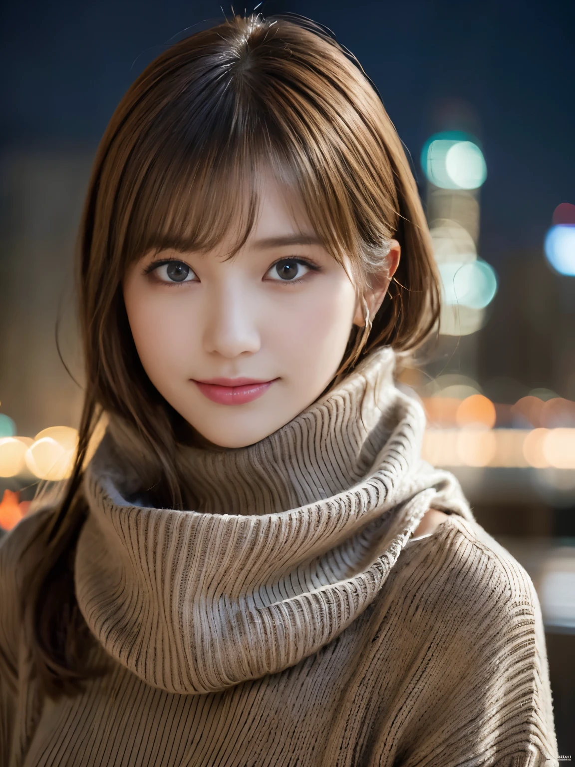 1 girl,(Scarf, turtleneck sweater:1.4),(RAW photo, highest quality), (realistic, Photoreal:1.4), table top, very delicate and beautiful, very detailed, 8k wallpaper, wonderful, finely, very detailed CG Unity, High resolution, soft light, Beautiful detailed 19 year old girl, very detailed目と顔, beautifully detailed nose, detailed and beautiful eyes,cinematic lighting,night city lights,perfect anatomy,slender body,smile  (hair is dirty, asymmetrical bangs, light brown hair,)