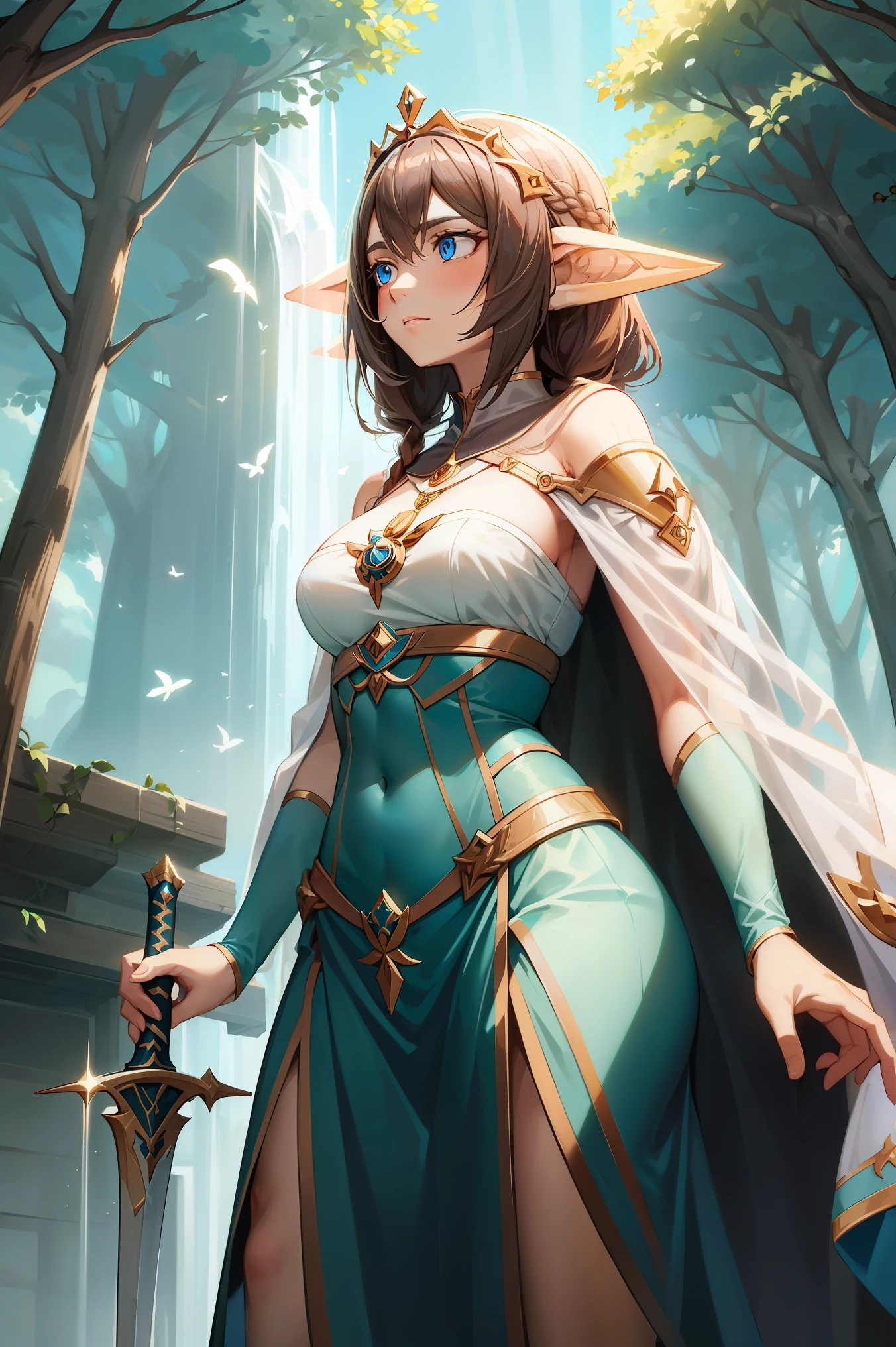 "Gera uma imagem no estilo anime, Inspirado em Genshin Impact, 1 mulher, Corpo todo, representing Seraphina Aelindë, a noble hospitable knight of the Order of Saint John of Jerusalem and an elf of profound beauty. Na imagem, Seraphina is standing in an ancient forest, Surrounded by tall and mysterious trees. Seu longo, Luminous brown hair falls in intricate braids over her shoulders, com brilhos dourados que magicamente capturam a luz. His intense, celestial blue eyes gaze with compassion and determination at the horizon.. He wears a black cloak with a white pate cross on his left chest., e um manto preto com capuz que se projetava levemente na brisa da floresta. Your hands gracefully hold the hilt of a sword, symbolizing their bravery and commitment to protection. The image captures Serafhina&#39;s serene and noble presence, as she radiates a deep connection with nature and the magic that surrounds her."