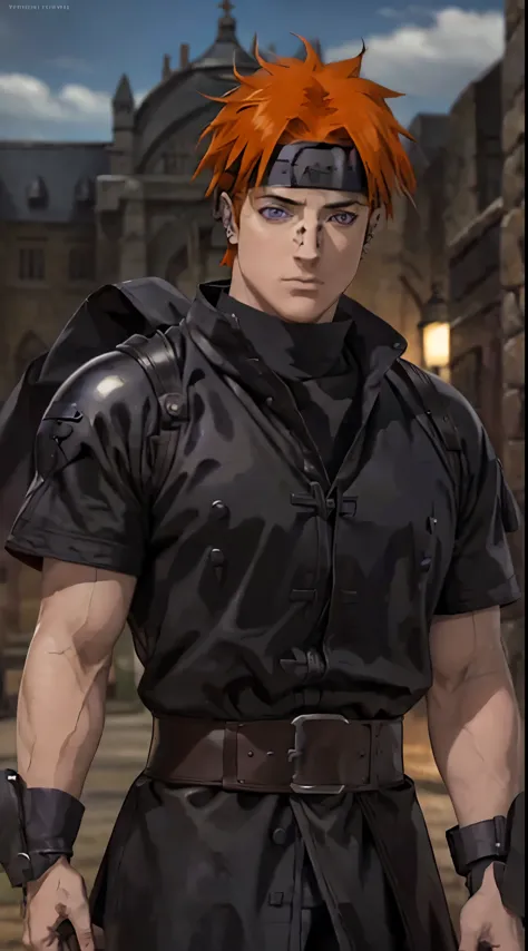 Brendan Fraser character(1.1), face detailed, handsome, mature, muscle, black clothes, leather belts, orange hair(Pain character), metal piercing(nose), metal piercing(mouth), royal king crown(head), black crown, purple eyes(pain character). Medieval cloth...