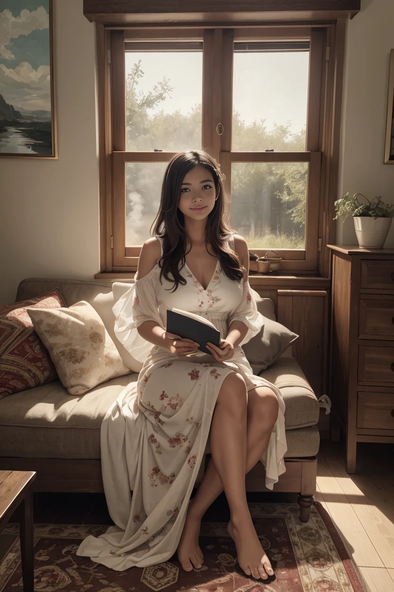 A girl sitting on the floor, shiny brown hair, beautiful detailed eyes, a serene smile, peaceful expression, delicate facial features, cross-legged posture, surrounded by pillows and cushions, soft ambient lighting, cozy atmosphere, unique patterned rug, intricate details on the rug，bohemian-chic style, vibrant colors, a book lying beside her, floral print dress, natural sunlight streaming through the window, vintage room decor, wooden flooring, a small potted plant in the corner, a cup of steaming tea on a side table, a gentle breeze ruffling the curtains, an artsy painting on the wall, peaceful and contemplative mood, high-res painting with rich textures and brush strokes, atmospheric lighting, magical and dreamy ambiance.