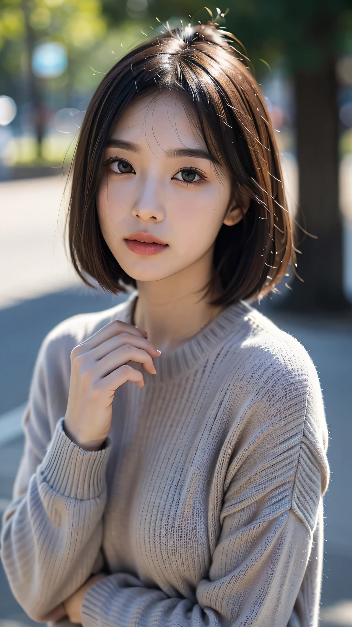 (Highly detailed CG Unity 8k wallpaper,table top, highest quality, super detailed, looking at camera:1.2, light shines on your face:1.5, gray background, professional lighting), Living in Japan３０old woman、short hair, black haired, plump facial contours:1.5, (thin eyebrows:1.25), big shining eyes, small nose, Soft mouth, physically thin, (shirt under sweater), sincere impression, noble mix fix v3.0