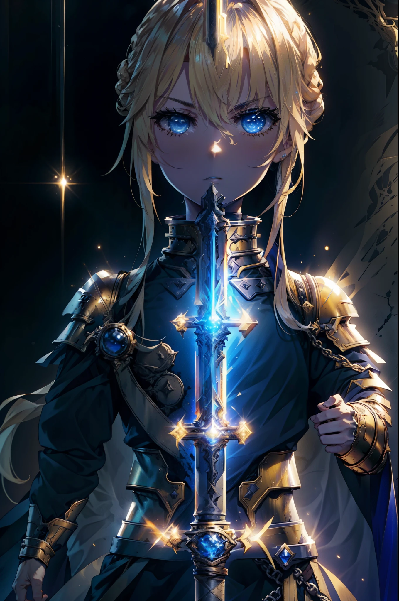 allisburg, Alice Zuberg, bangs, blue eyes, blonde hair, hair between eyes, very long hair, Braid, hair band, white hair band,
break dress, cape, armor, blue clothes, shoulder armor, gauntlet, pauldron, breastplate, armored dress, mistake, blue cape, knight, (gold armor:1.5), body armor,A golden sword is stuck in the ground,Right hand resting on hip,
break outside, forest, nature, sun, null,
break looking at viewer, (cowboy shot:1.5),
break (masterpiece:1.2), highest quality, High resolution, unity 8k wallpaper, (figure:0.8), (detailed and beautiful eyes:1.6), highly detailed face, perfect lighting, Very detailed CG, (perfect hands, perfect anatomy),