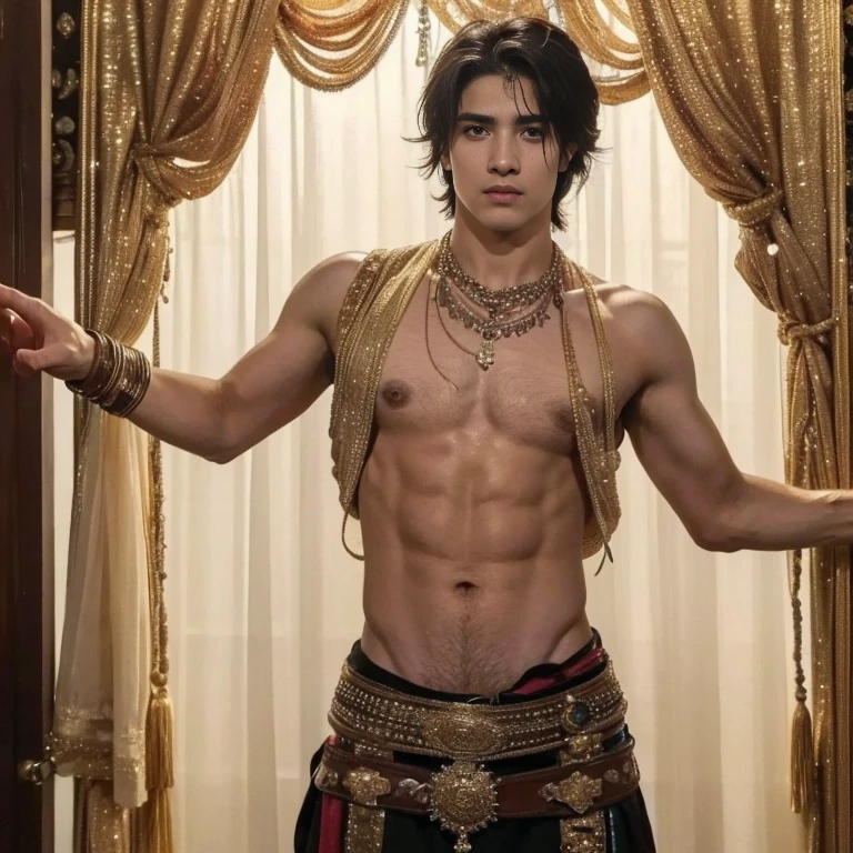 a man in a billowing gold chiffon male belly dance outfit is posing for a picture, handsome prince of persia, attractive male deity, brown skin man egyptian prince, beautiful androgynous prince, ashoka tano, delicate androgynous prince, hindu aesthetic, djinn human hybrid, handsome prince, heroic masculine pose, prince, male warrior, djinn man male demon, persian warrior, beautiful face