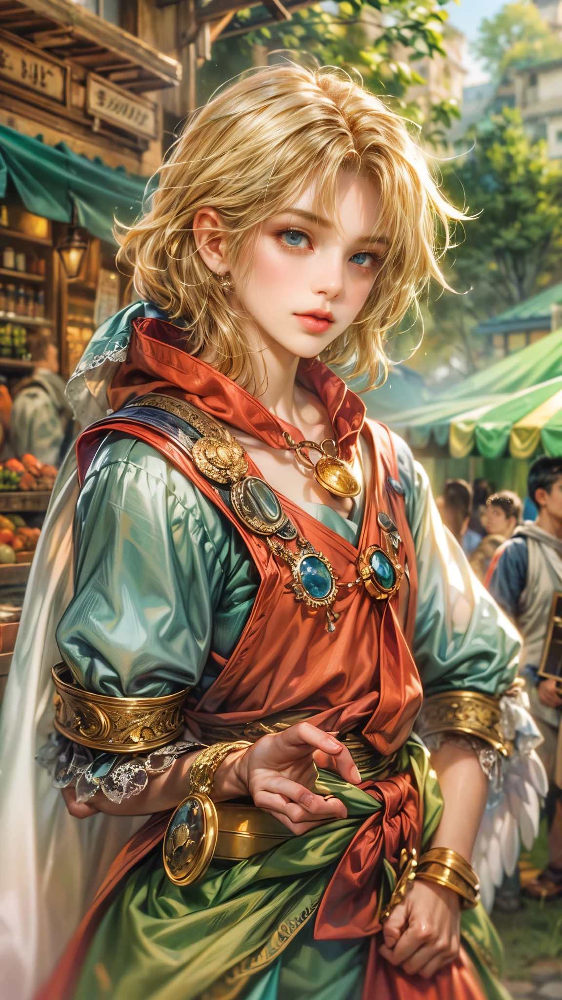 (absurdres, highres, ultra detailed, HDR), masterpiece, best quality, legend of mana character, an angel, detailed face, handsome face, anime eyes, at the town market in domina , detailed character, detailed outdoor scenery, art kenouji