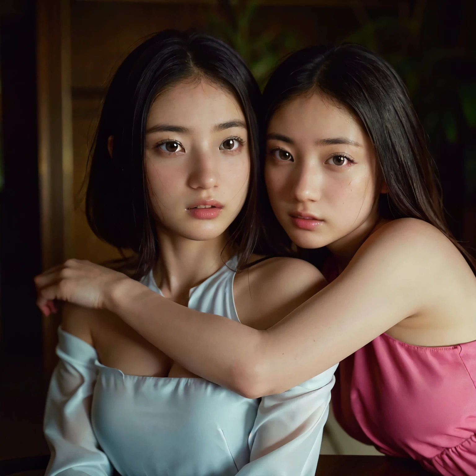 (table top, highest quality, beautiful quality), (realistic:1.4), (detailed lighting, highly detailed skin, very fine hair, shadowy, 8k, 15 years old with baby face、Identical twin sisters of girls:1.2), looking at the viewer, (high key lighting), highest quality, official art, unity 8k wallpaper, 超A high resolution, hug me close、lesbian、love、super detailed, beautiful and aesthetic