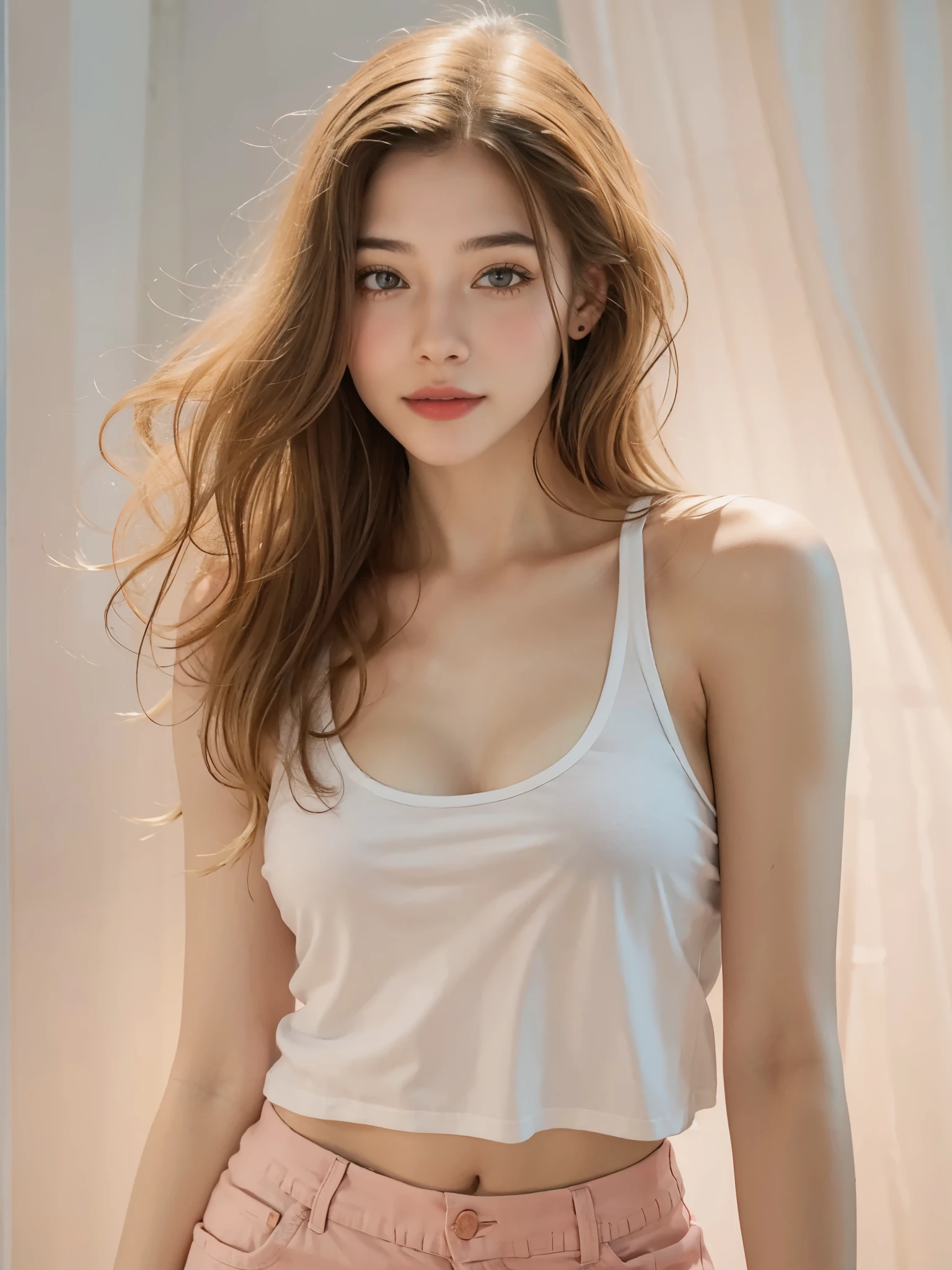 A half-Spanish and half-Japanese girl wearing a white shirt