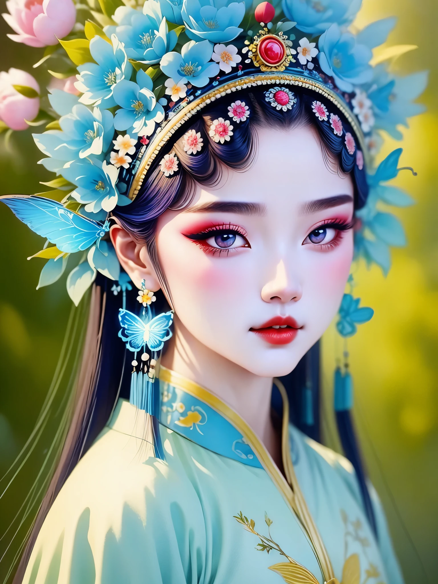 (masterpiece, best quality:1.2，lifelike：1.37), antiquity，Chinese style illustrations：（1 girl，bust，portrait ），exquisite facial features，Detailed drawing of eyes，eyelash，blush，long hair，Exquisite makeup，Beautiful pearls on the head，blue华丽的汉服，Garden background blurred，Simple，glowing butterfly，blue：1.37，huge peony flower：1.37