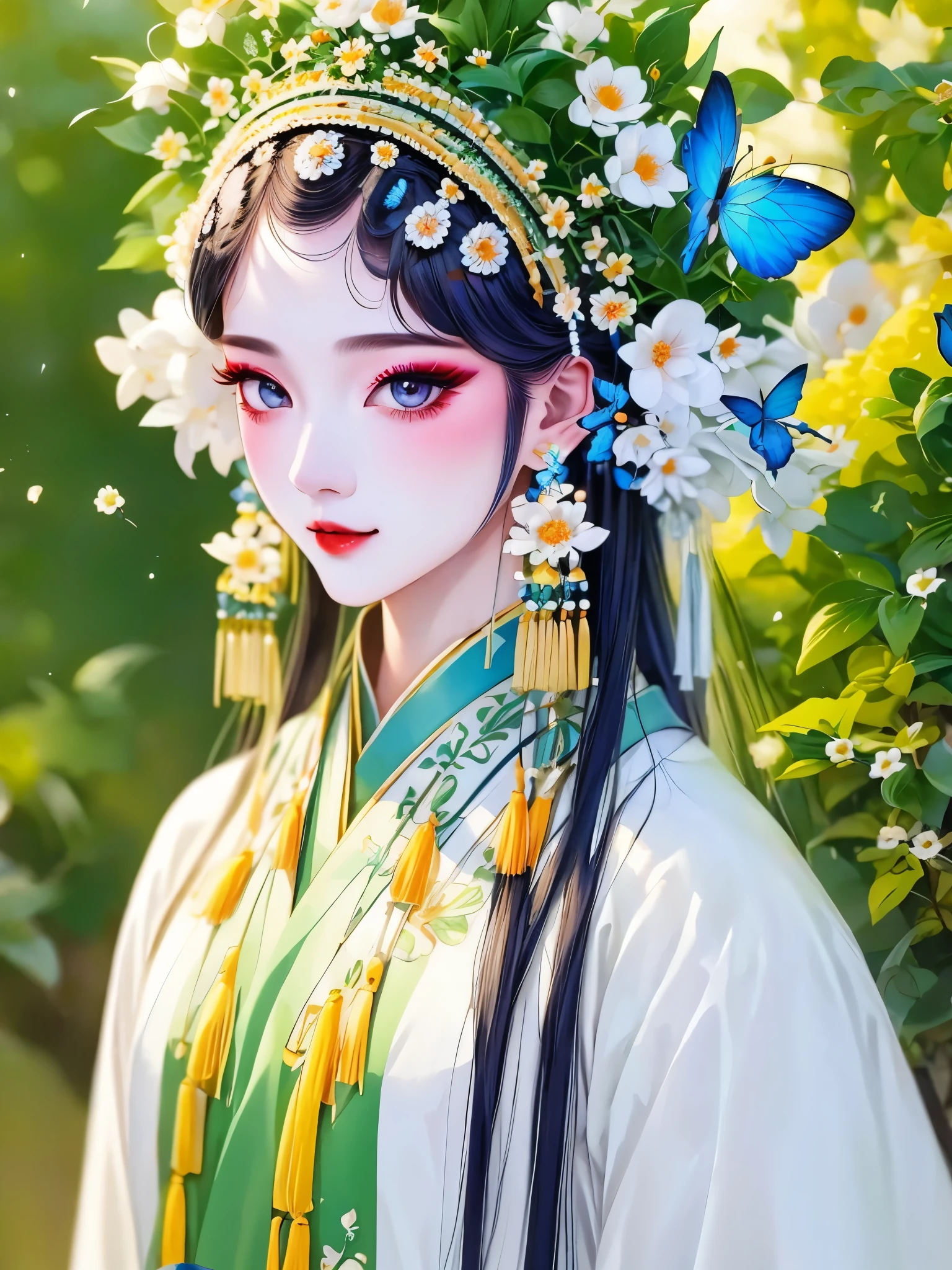 (masterpiece, best quality:1.2，lifelike：1.37), antiquity，Chinese style illustrations：（1 girl，bust，portrait ），exquisite facial features，Detailed drawing of eyes，eyelash，blush，long hair，Exquisite makeup，Beautiful pearls on the head，blue华丽的汉服，Garden background blurred，Simple，glowing butterfly，blue：1.37，huge peony flower：1.37