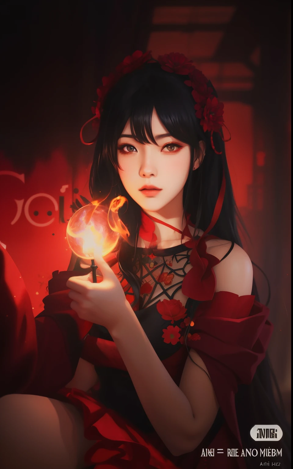 Mujer arafed con un vestido rojo sosteniendo una vela en la mano., guweiz, obra de arte al estilo de guweiz, 🌺 sociedadcg, rin tohsaka, sakimi-chan, por Yang J., guweiz en pixiv artstation, anime girl gothic maiden, Guweiz en ArtStation Pixiv, obra maestra de guweiz