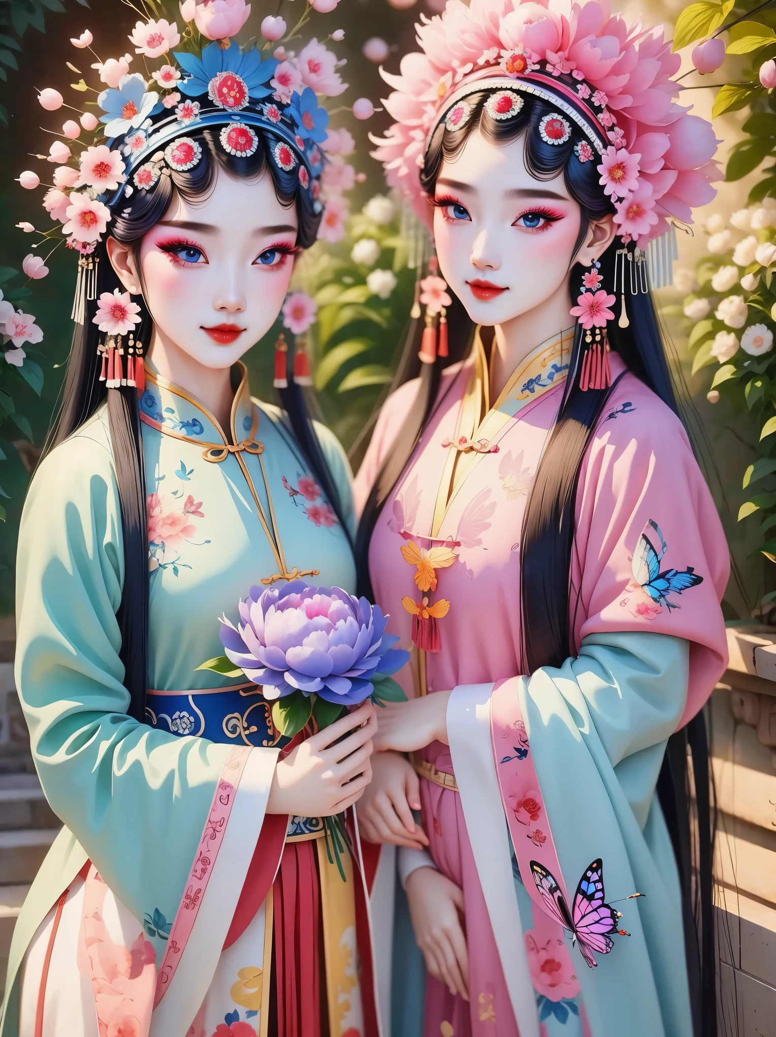 (masterpiece, best quality:1.2，lifelike：1.37), antiquity，Chinese style illustrations：（2 girls, ），portrait，Detailed drawing of eyes，eyelash，blush，laughing out loud，long hair，Exquisite makeup，Exquisite headdress，blue华丽的汉服，Garden background blurred，Simple，glowing butterfly，blue：1.37，huge peony flower：1.37