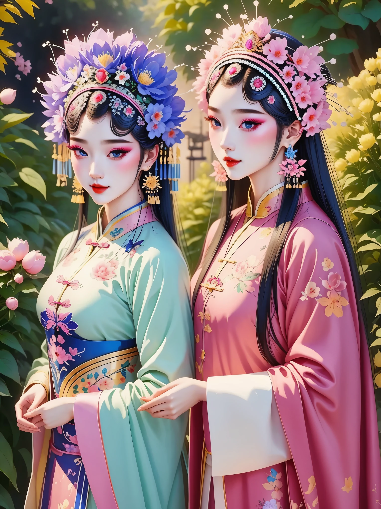 (masterpiece, best quality:1.2，lifelike：1.37), antiquity，Chinese style illustrations：（1 girl，bust，portrait ），exquisite facial features，Detailed drawing of eyes，eyelash，blush，long hair，Exquisite makeup，Beautiful pearls on the head，blue华丽的汉服，Garden background blurred，Simple，glowing butterfly，blue：1.37，huge peony flower：1.37