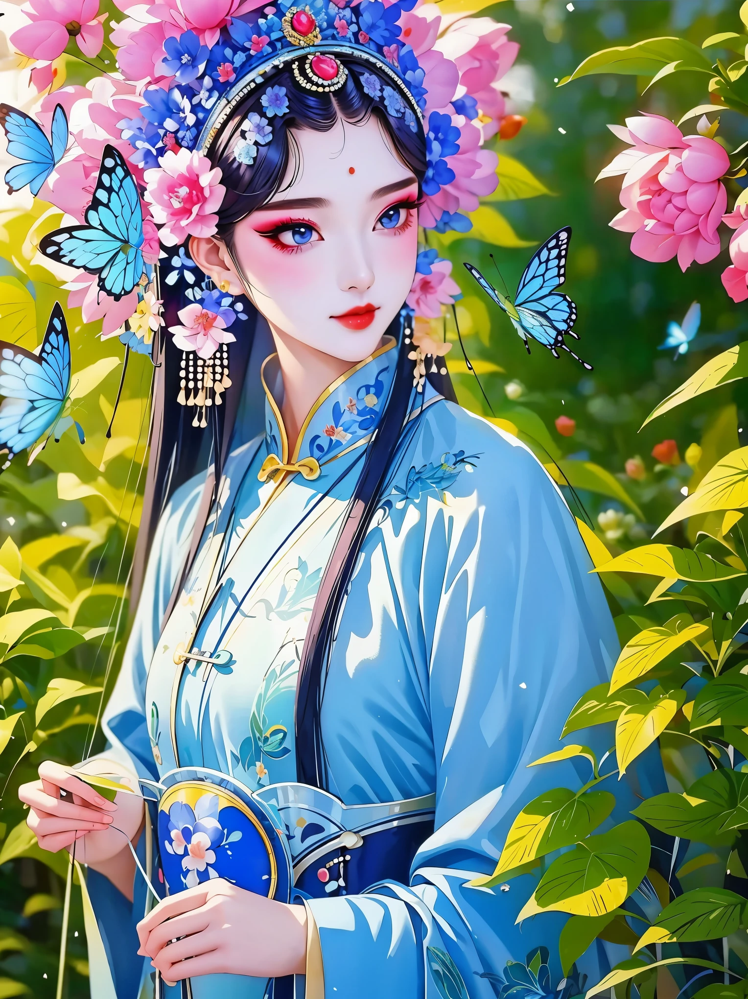 (masterpiece, best quality:1.2，lifelike：1.37), antiquity，Chinese style illustrations：（1 girl，bust，portrait ），exquisite facial features，Detailed drawing of eyes，eyelash，blush，long hair，Exquisite makeup，Beautiful pearls on the head，blue华丽的汉服，Garden background blurred，Simple，glowing butterfly，blue：1.37，huge peony flower：1.37