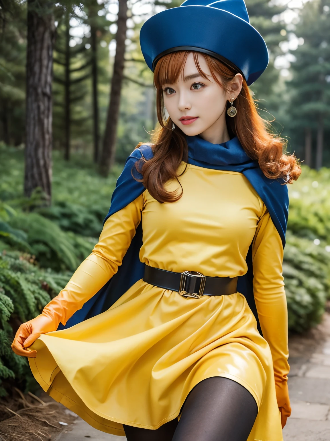 1 girl,alone,DQ4-Arena,Upper body,black pantyhose,blue cloak,blue hat,boots,curly hair,earrings,long hair,orange gloves,orange hair,red eyes,No sleeve,yellow dress,yellow skirt,dynamic pose,small breasts,(shiny,shiny dress:1.1)jumping,V-shaped eyebrows,nice weather in the forest, (masterpiece), (highest quality), (super detailed), intricate detailasterpiece), (highest quality), (super detailed), intricate details,