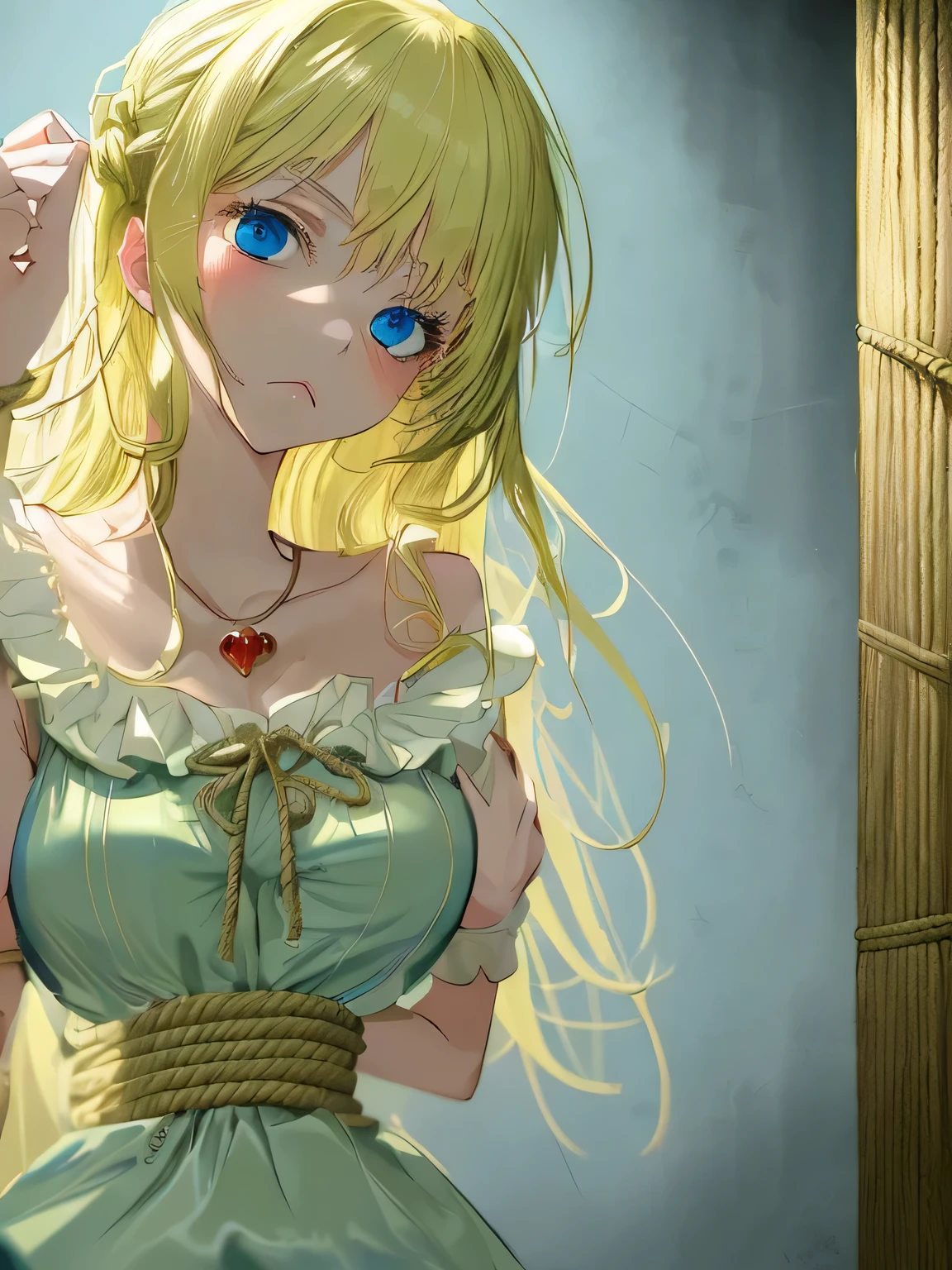 Anime girl with blonde hair and blue eyes in a green dress - SeaArt AI