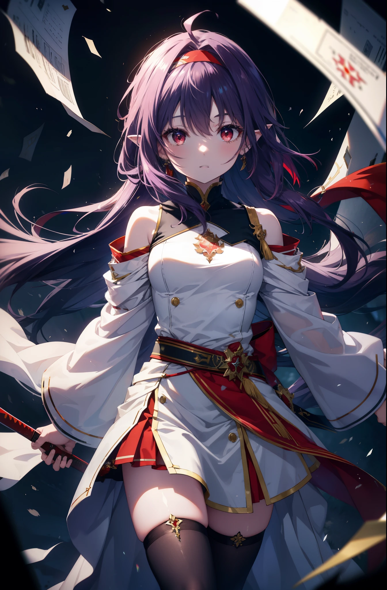 yuukikonno, Yuki Konno, hair band, long hair, pointy ears, purple hair,Ahoge, (red eyes:1.5), (small breasts:1.2), serious face,Grip the hilt of the sword with your left hand,
break white Thighhighs, removed sleeve, Thighhighs, dress, white dress, armor　breastplate, purple armor,
break looking at viewer, Upper body, whole body,
break outdoors, forest, nature,
break (masterpiece:1.2), highest quality, High resolution, unity 8k wallpaper, (shape:0.8), (fine and beautiful eyes:1.6), highly detailed face, perfect lighting, Very detailed CG, (perfect hands, perfect anatomy),