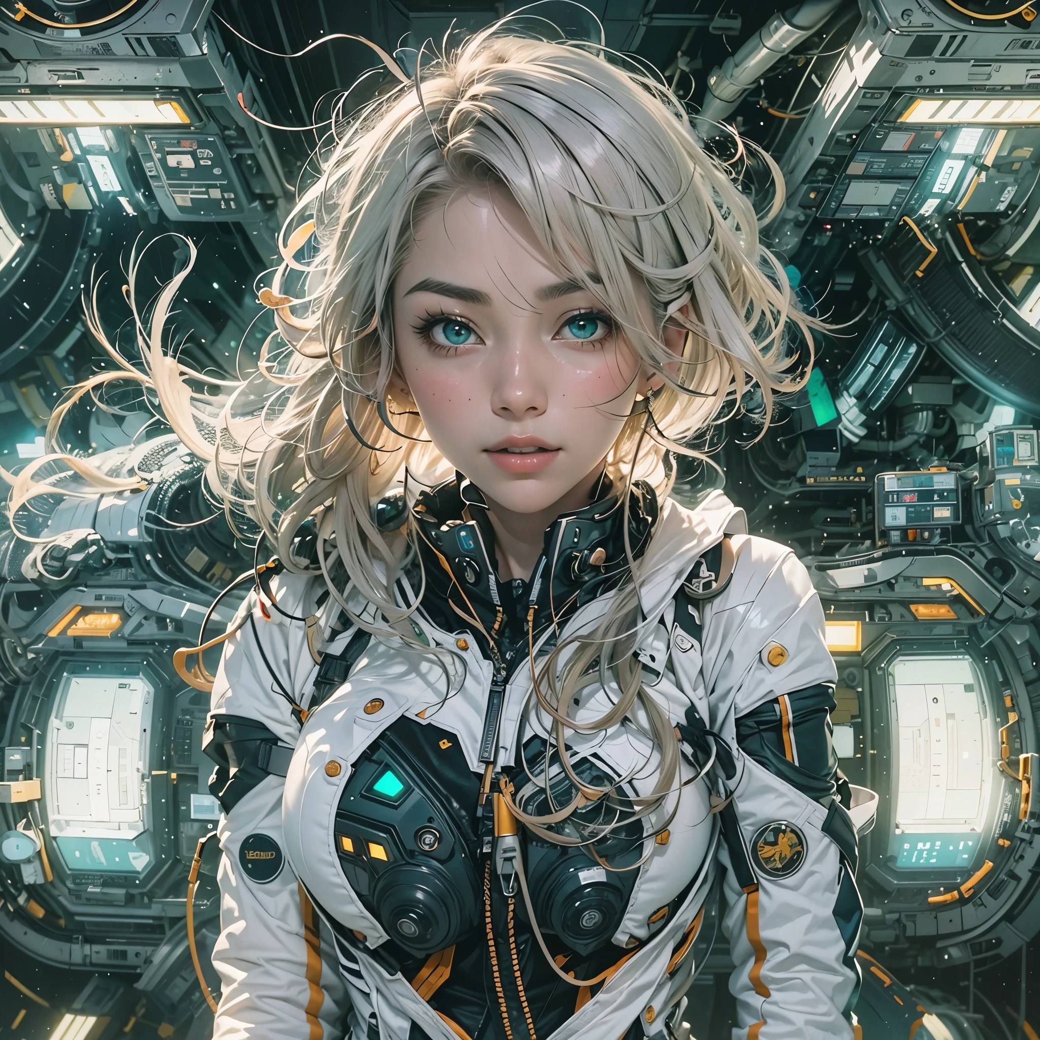 tout le corps, vertい髪, Puissant, partie maîtresse, Meilleure qualité, art officiel, Album d&#39;art, Fond d&#39;écran CG Unity 8K très détaillé,  fille, japanese fille, tout le corps, ultra haute résolution, (Réaliste: 1.4), Angle dynamique, pose dynamique, pouvoir mystérieux, des particules en suspension, réflexion, très mignon, 輝くvertい目, éclairage de l&#39;heure d&#39;or, blanc、vert、Combinaison pilote noire, des vêtements serrés, roupas de cobertura de tout le corps, Bottes hauteur genou, (Yeux enflés), Les téléspectateurs recherchent, devant, beauté, seins moyens, remontée de chemise, fil métallique, parce que je&#39;je suis mince, gants mi-longs, héroïne d&#39;anime, doux sourire, oreillette, cockpit de robot détaillé, Super espace futur