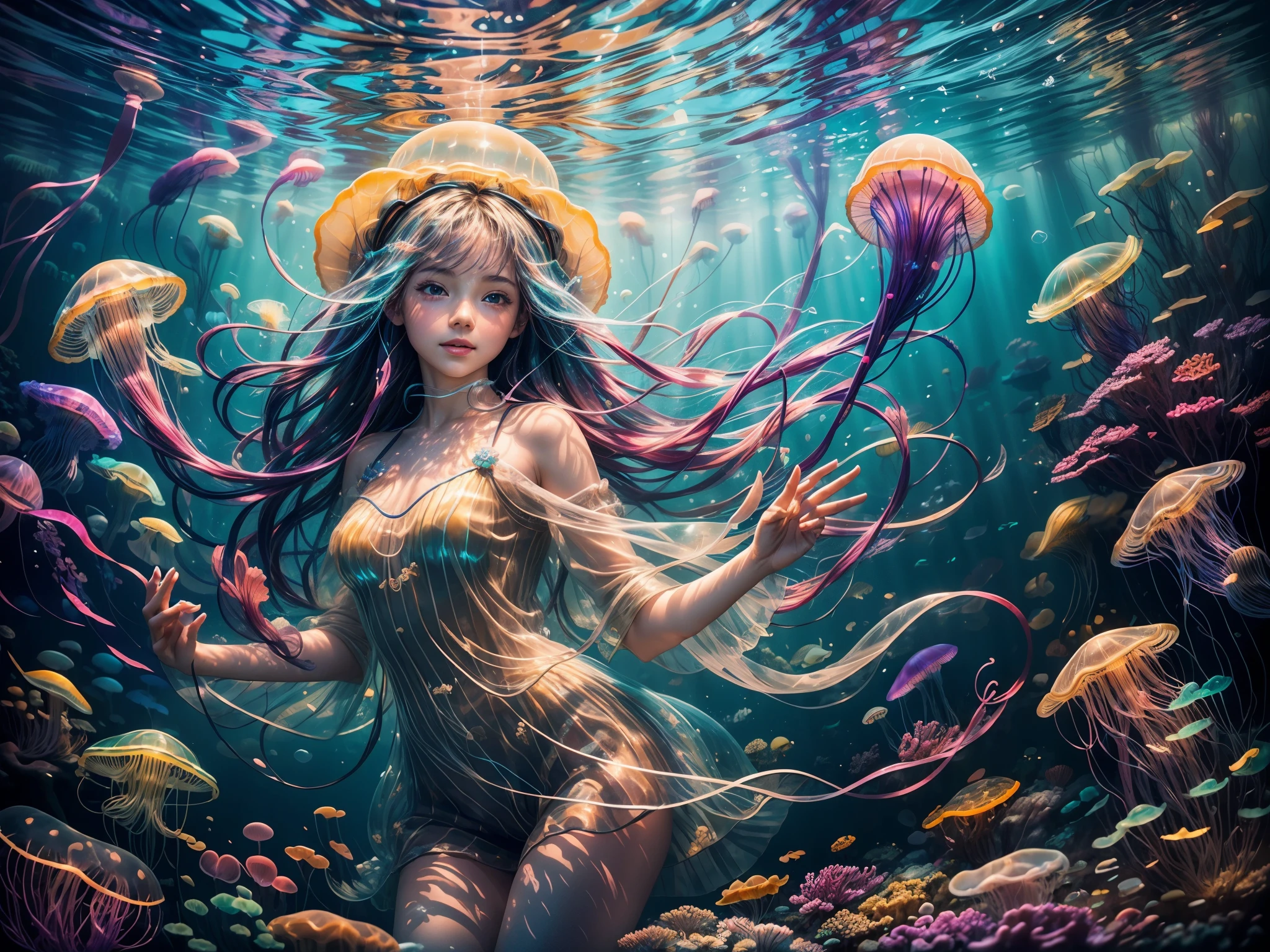 (alta calidad, colores vibrantes),(Realista:1.37),Una niña bajo el mar jugando con medusas arcoiris. (2 chicas),rayos de sol brillantes brillando a través de la superficie,agua de mar chispeante que refleja la luz del sol,hermosos ojos y labios detallados en el rostro de la niña,tentáculos de medusa suaves y coloridos,cuerpos de medusas translúcidos y brillantes,agua azul clara,arrecifes de coral y peces de colores nadando en el fondo,atmósfera de ensueño y mágica,ondas sutiles moviendo suavemente el cabello de la niña,impresionante paisaje submarino，Burbujas flotando en el agua.,Profundidad y dimensión creadas por las capas del mar.,flora y fauna diversa y vibrante que rodea a la niña,sombrillas de medusas transparentes flotando sobre la niña,ambiente submarino pacífico y sereno,medusas flotando en movimientos elegantes y fluidos,imagina la alegría y fascinación de la niña por las medusas,medusas iluminadas que crean un brillo fascinante,textura y patrones en los cuerpos de las medusas,creando una sensación de asombro y asombro en el espectador,majestuosas criaturas del océano que realzan la sensación mística de la escena,deslizándose sin esfuerzo por el agua,sumergirse en la belleza y tranquilidad del mundo submarino,Colores danzantes reflejados en el rostro de la niña.,Tentáculos de medusa expresivos y animados.，la chica rodeada de un aura mágica,Sutiles rayos de luz que iluminan la escena submarina.,toque de coral y conchas marinas decorando el fondo del océano.