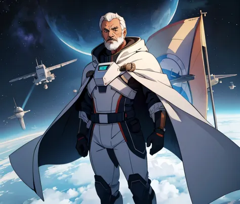 Elderly man in a futuristic high tech suit, captain of ship, facial hair, burly size, on space craft out in space, full body, ca...