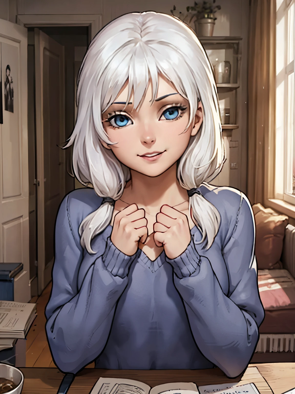 ((ultra quality)), ((Masterpiece)), olya, short stature, (Black & White Style), ((White hair)), (Beautiful face), (beautiful female lips), (), charming, ((Innocent expression)), looking at the camera smiling softly, eyes closed a little, (Skin color white), (White skin), glare on the body, ((detailed beautiful female eyes)), ((Light blue eyes)), (juicy female lips), (dark eyeliner), (beautiful female hands), ((Ideal female figure)), Ideal female body, beautiful waist, beautiful hips, small breasts, ((subtle and beautiful)), sitting seductively on the sofa, (wearing a gray long sweatshirt) background: In a living room, ((depth of field)), ((high quality clear image)), (clear details), ((High detail)), realistically, professional photo session, ((Clear Focus))