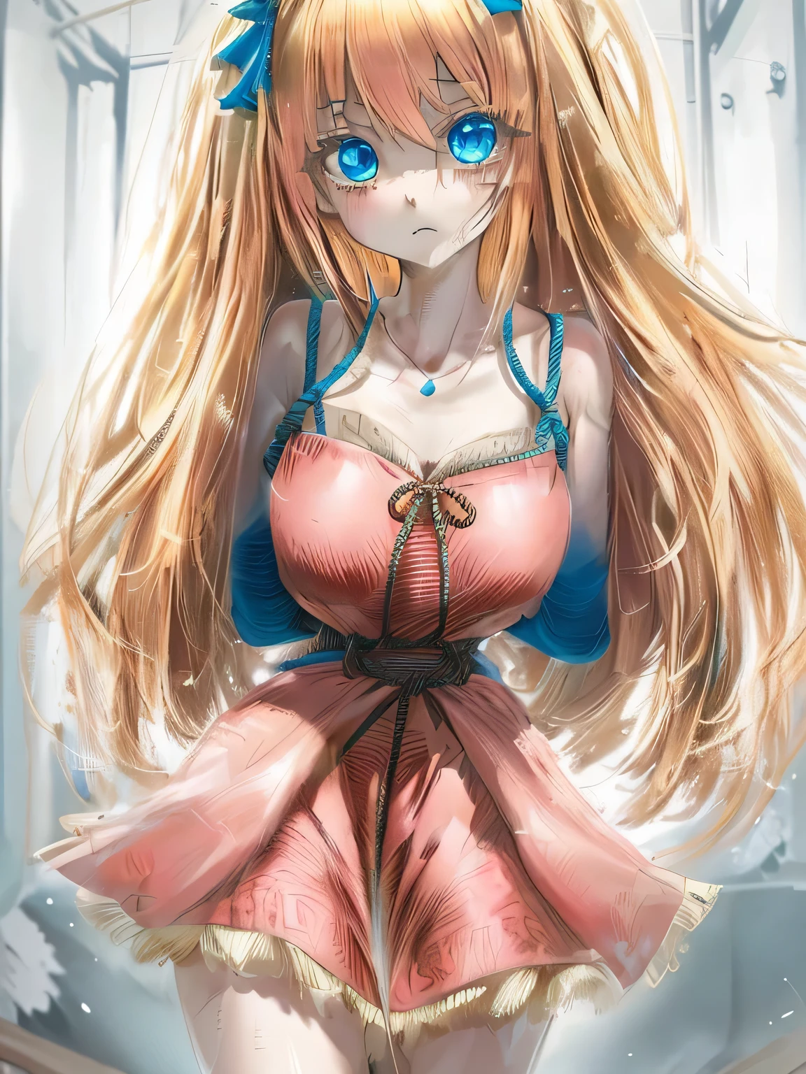 Anime girl with long blonde hair and blue eyes in a pink dress - SeaArt AI