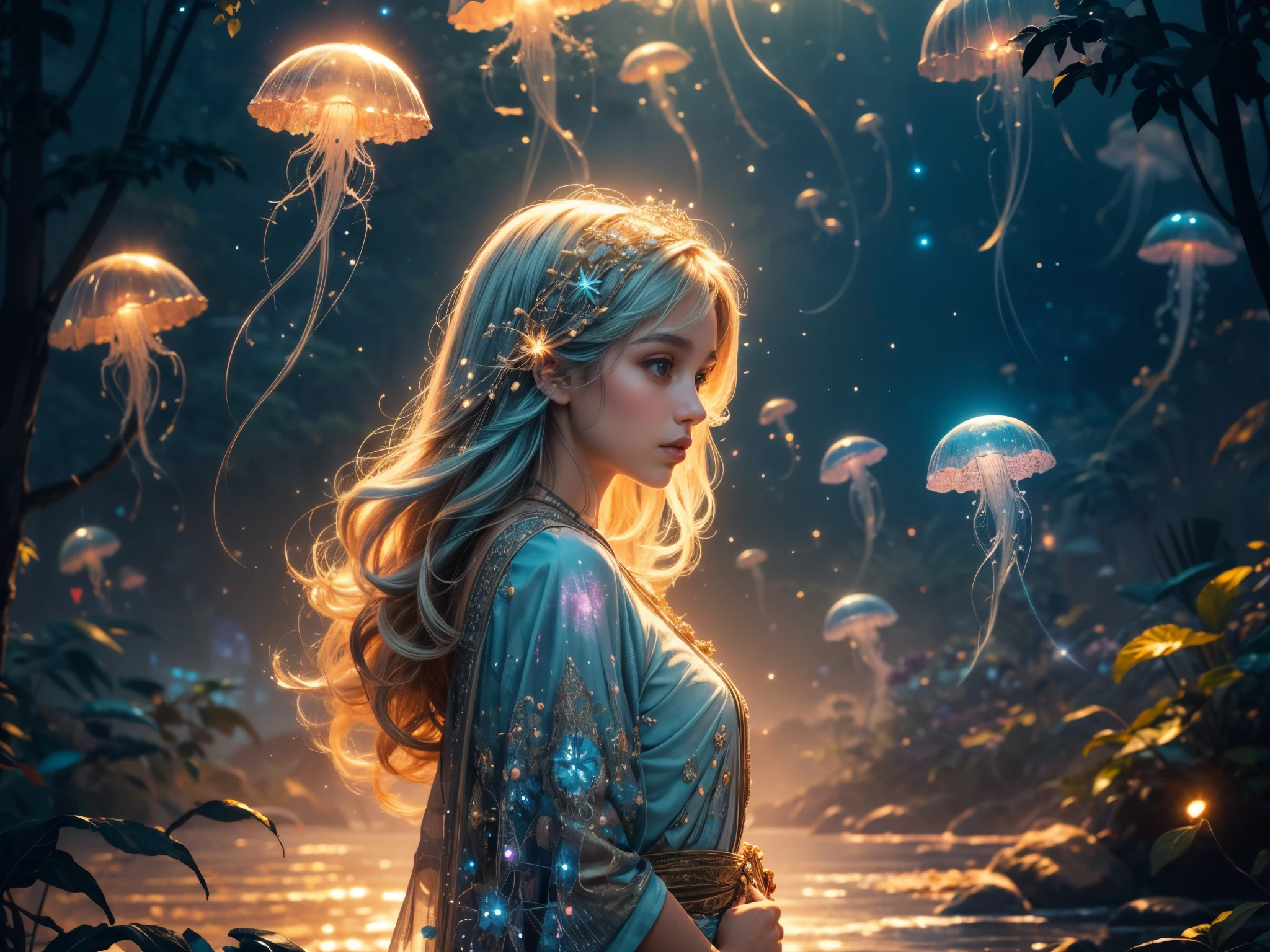 (best quality,4k,8k,highres,masterpiece:1.2), ultra-detailed, (realistic, photorealistic, photo-realistic:1.37), HDR, painting, portraits, vivid colors, sharp focus, bokeh, studio lighting,
A girl playing with rainbow jellyfishes in the vast universe. The girl has beautiful detailed eyes, lips, and an expression of awe. She is mesmerized by the glowing jellyfishes floating around her. The jellyfishes have iridescent tentacles and vibrant colors that create a whimsical atmosphere. The girl's hair gently sways with the current of stardust that fills the surroundings. The universe, with its millions of stars, serves as the backdrop, casting a soft, ethereal light on the scene. The colors are vivid and full of life, creating a dreamlike aesthetic.