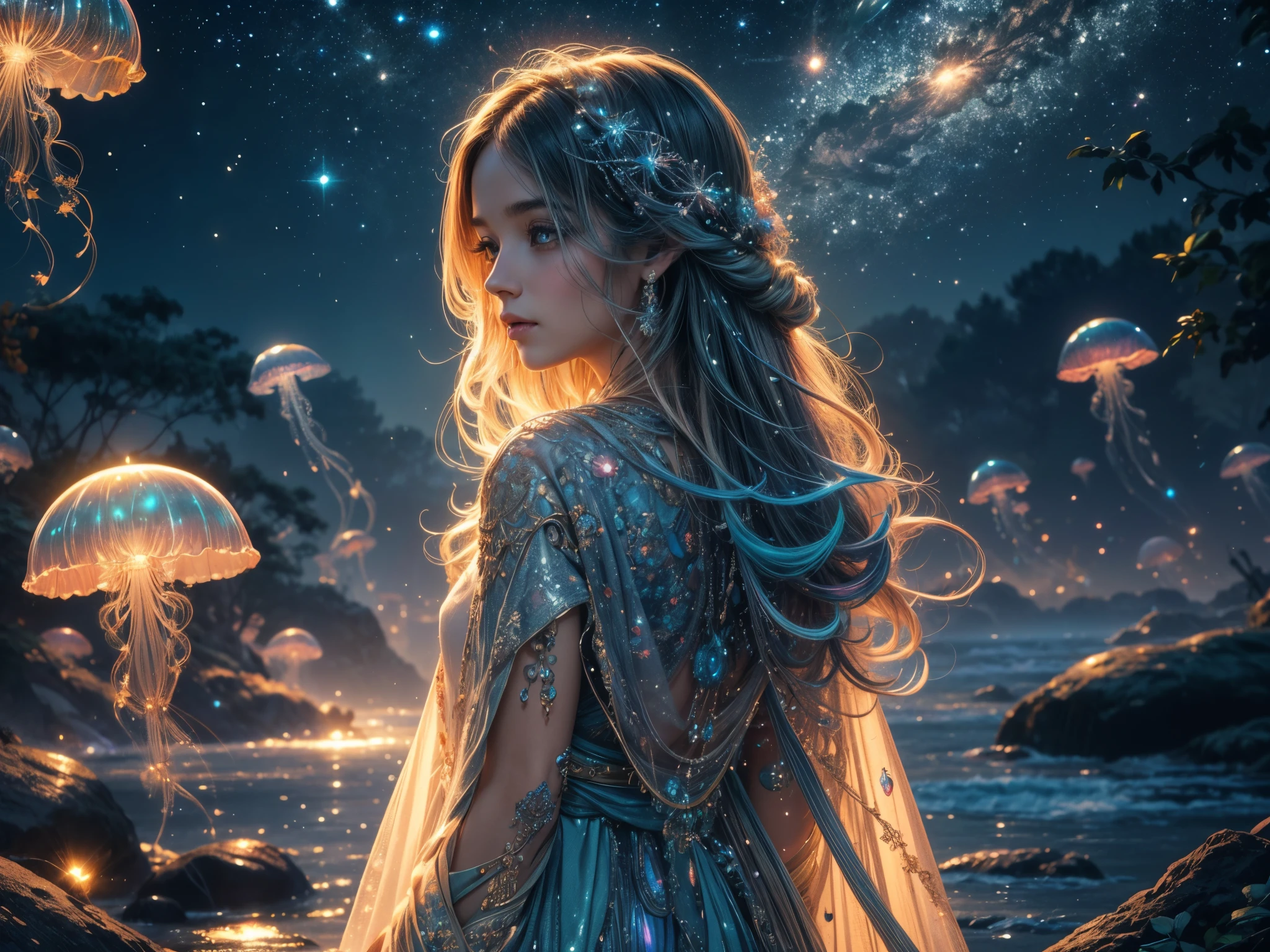 (best quality,4k,8k,highres,masterpiece:1.2), ultra-detailed, (realistic, photorealistic, photo-realistic:1.37), HDR, painting, portraits, vivid colors, sharp focus, bokeh, studio lighting,
A girl playing with rainbow jellyfishes in the vast universe. The girl has beautiful detailed eyes, lips, and an expression of awe. She is mesmerized by the glowing jellyfishes floating around her. The jellyfishes have iridescent tentacles and vibrant colors that create a whimsical atmosphere. The girl's hair gently sways with the current of stardust that fills the surroundings. The universe, with its millions of stars, serves as the backdrop, casting a soft, ethereal light on the scene. The colors are vivid and full of life, creating a dreamlike aesthetic.