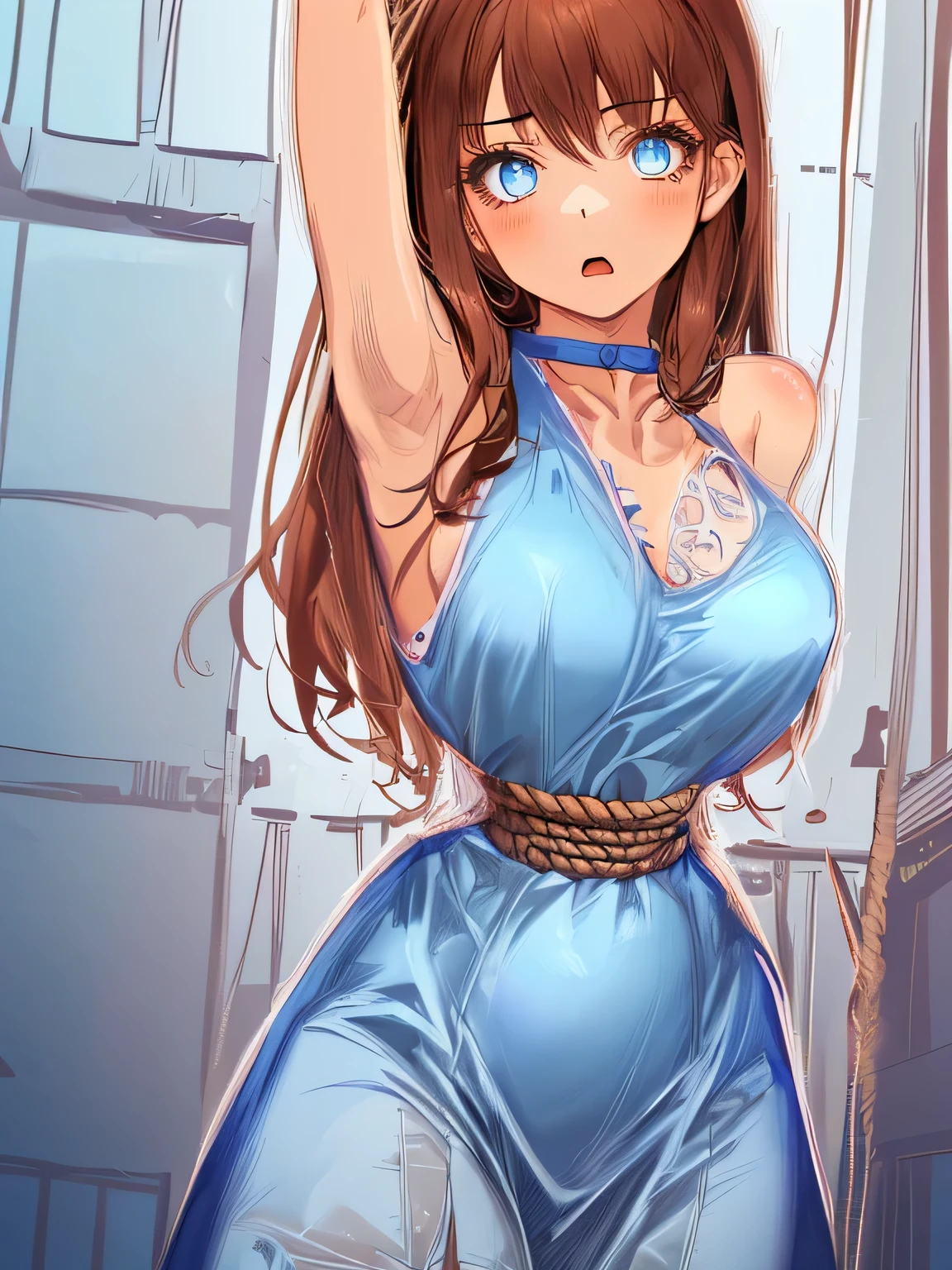 Anime girl in blue dress with blue eyes and a blue choker - SeaArt AI