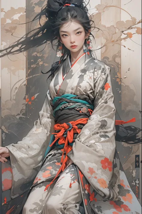 Umalinda warrior sexy, pretty face, Delicious Company, Alluring figure, Wearing a sexy open kimono. The artwork is created in a ...