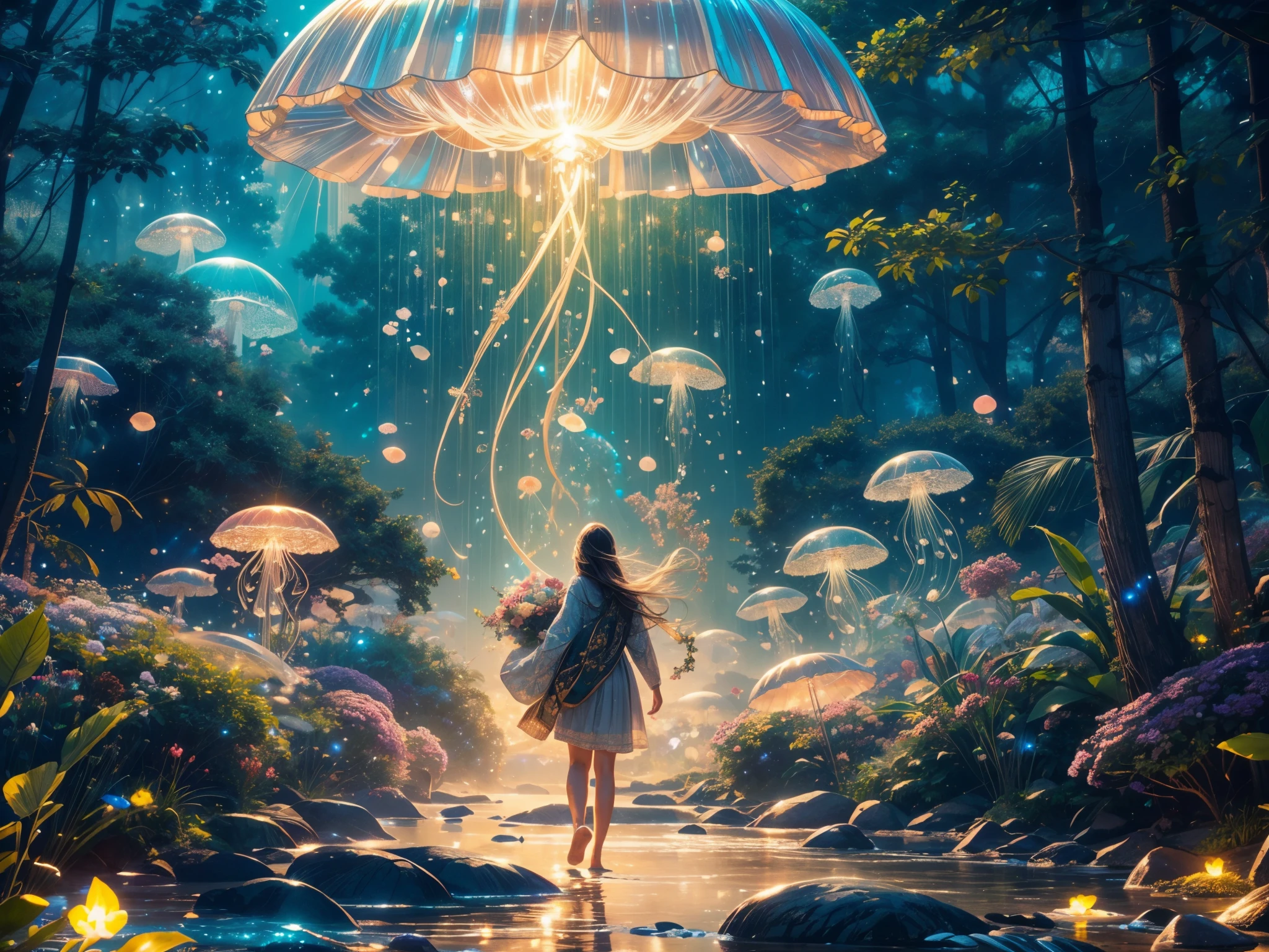 (best quality,4k,8k,highres,masterpiece:1.2),ultra-detailed,(realistic,photorealistic,photo-realistic:1.37),colorful, vibrant, illuminated scene, moonlit garden, A girl surrounded by ethereal light, long flowing hair, delicately painted face, beautiful detailed eyes, soft glowing lips, joyful expression, mesmerizing eyes, enchanting smile, playful interaction between the girl and the jellyfishes, translucent jellyfishes floating gracefully, rainbow-colored tentacles, iridescent glow, peaceful atmosphere, lush green foliage, blooming flowers, twinkling stars, gentle breeze, inviting sky, captivating moon, dreamlike setting, whimsical elements, magical ambiance, otherworldly feel, delightful energy, enchanting colors, surreal scenery.
