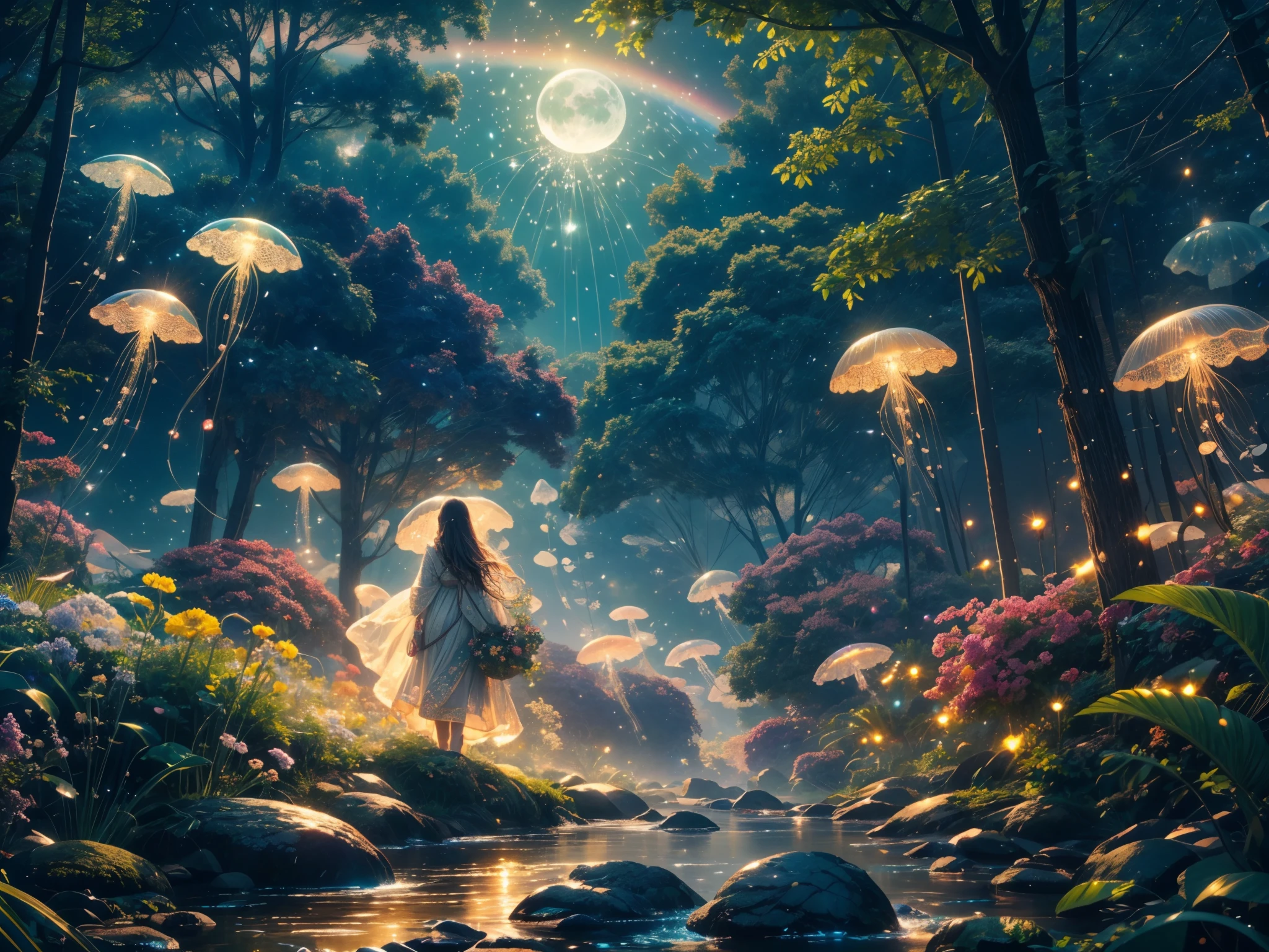 (best quality,4k,8k,highres,masterpiece:1.2),ultra-detailed,(realistic,photorealistic,photo-realistic:1.37),colorful, vibrant, illuminated scene, moonlit garden, A girl surrounded by ethereal light, long flowing hair, delicately painted face, beautiful detailed eyes, soft glowing lips, joyful expression, mesmerizing eyes, enchanting smile, playful interaction between the girl and the jellyfishes, translucent jellyfishes floating gracefully, rainbow-colored tentacles, iridescent glow, peaceful atmosphere, lush green foliage, blooming flowers, twinkling stars, gentle breeze, inviting sky, captivating moon, dreamlike setting, whimsical elements, magical ambiance, otherworldly feel, delightful energy, enchanting colors, surreal scenery.