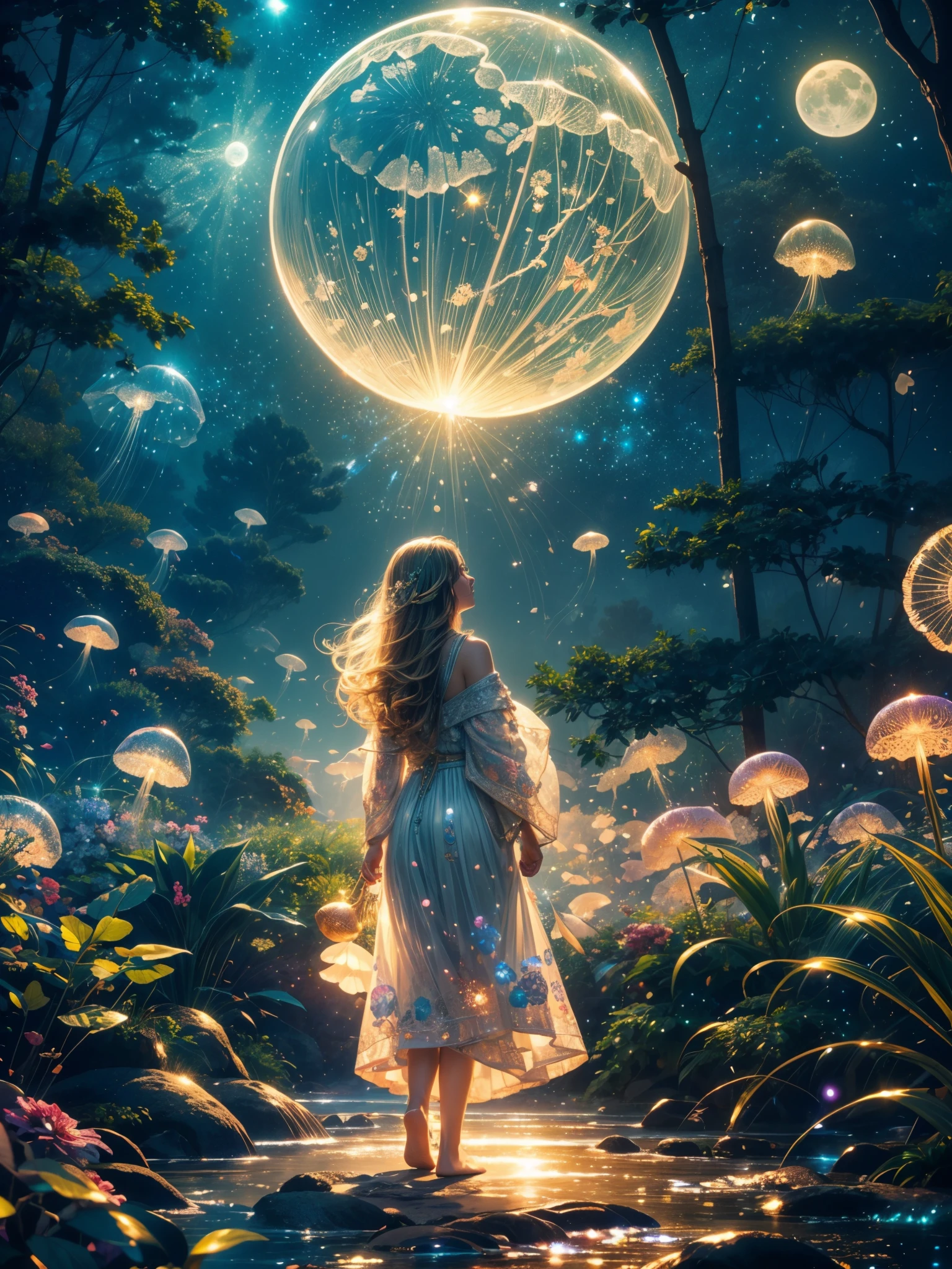 (best quality,4k,8k,highres,masterpiece:1.2),ultra-detailed,(realistic,photorealistic,photo-realistic:1.37),colorful, vibrant, illuminated scene, moonlit garden, A girl surrounded by ethereal light, long flowing hair, delicately painted face, beautiful detailed eyes, soft glowing lips, joyful expression, mesmerizing eyes, enchanting smile, playful interaction between the girl and the jellyfishes, translucent jellyfishes floating gracefully, rainbow-colored tentacles, iridescent glow, peaceful atmosphere, lush green foliage, blooming flowers, twinkling stars, gentle breeze, inviting sky, captivating moon, dreamlike setting, whimsical elements, magical ambiance, otherworldly feel, delightful energy, enchanting colors, surreal scenery.