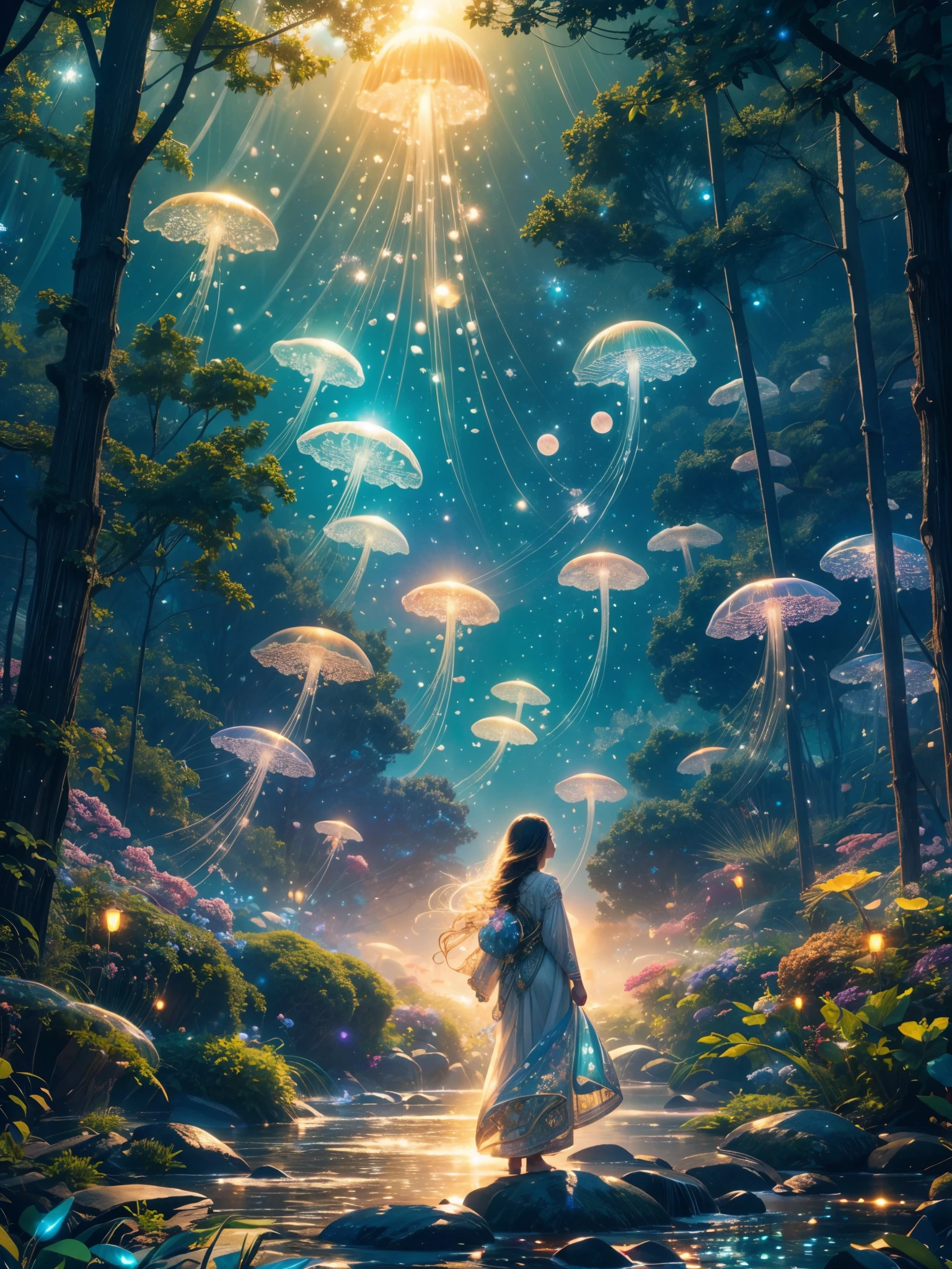 (best quality,4k,8k,highres,masterpiece:1.2),ultra-detailed,(realistic,photorealistic,photo-realistic:1.37),colorful, vibrant, illuminated scene, moonlit garden, A girl surrounded by ethereal light, long flowing hair, delicately painted face, beautiful detailed eyes, soft glowing lips, joyful expression, mesmerizing eyes, enchanting smile, playful interaction between the girl and the jellyfishes, translucent jellyfishes floating gracefully, rainbow-colored tentacles, iridescent glow, peaceful atmosphere, lush green foliage, blooming flowers, twinkling stars, gentle breeze, inviting sky, captivating moon, dreamlike setting, whimsical elements, magical ambiance, otherworldly feel, delightful energy, enchanting colors, surreal scenery.