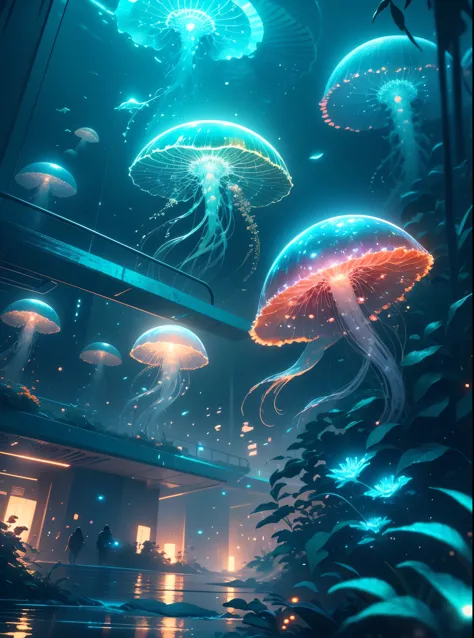 "(best quality,highres,ultra-detailed),(realistic:1.37) cyborg jellyfish swimming in a cyberpunk-style fish tank,mechanical tent...