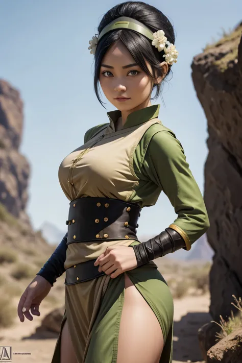 Toph beifong from avatar, ((Toph beigong)), earthbender clothes, earth tribe clothes, toph clothes, large breasts and wide hips,...