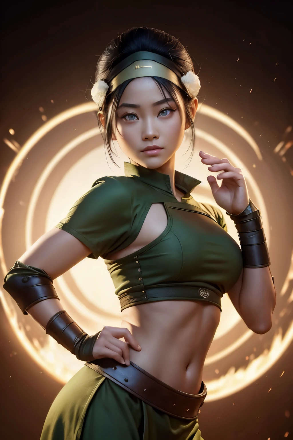 Toph beifong from 头像, ((Toph beigong)), 御土者衣服, 地球部落服饰, 托芙衣服, 大胸和宽臀, 完美丰满的嘴唇, 圆圆的眼睛看着观众, ((拉娜·康多尔)), 皮肤苍白, 曲线身材,  头像 the legend of aang, 头像, 御土者背景, 黑色头发用头带扎成发髻 , 注重细节, 重点, 锋利, 荒谬的细节, 现实主义, hyper 重点, 完美的手指, 画得漂亮的嘴唇, 清晰的脸, 柔和色调, 全高清, 4k, 高分辨率, 动态姿势, 清晰的脸s, 柔和的表情, 温柔的微笑  