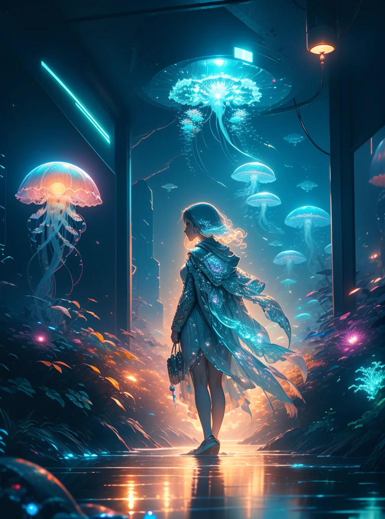 "(best quality,high resolution,Super detailed),(actual:1.37) Jellyfish swimming in a cyberpunk style fish tank,mechanical tentacles,Futuristic lighting effects,neon color,Reflective glass water tank,cityscape background,Digital display shows water temperature and pH value,Steam rises from the surface,Highlight bioluminescence,Light-emitting circuit lines,Subtle holographic projection of fish,Exciting visual dynamics,metallic feel,High-tech aesthetics,Artificial intelligence guides jellyfish movements,ethereal atmosphere,Stylish design,Smooth animations,sharp focus"