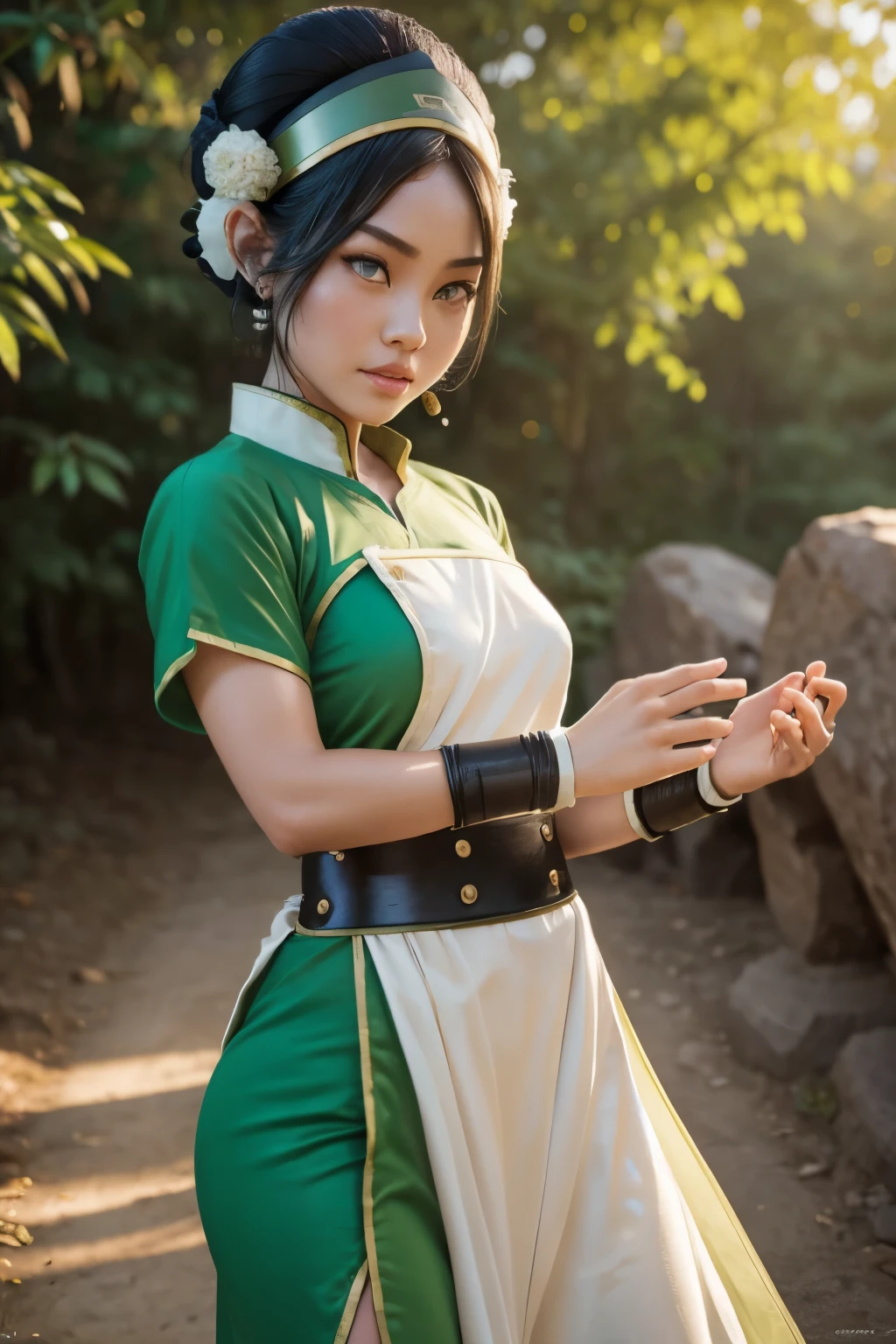 Toph beifong from avatar, ((Toph beigong)), earthbender clothes, earth tribe clothes, toph clothes, large breasts and wide hips, perfect and full lips, round grat eyes looking at the viewer, ((Lana Condor)), pale skin, curvy body,  avatar the legend of aang, avatar, earthbender background, black hair tied into a bun with a headband , attention to detail, focus, sharpness, absurd details, realism, hyper focus, perfect fingers, well-drawn lips, clear face, colors in tone pastel, fhd, 4k, high resolution, dynamic poses, clear faces, soft expressions, gentle smile  