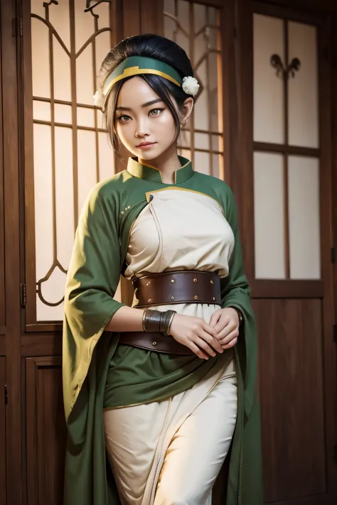 Toph beifong from avatar, ((Toph beigong)), earthbender clothes, earth tribe clothes, toph clothes, large breasts and wide hips,...